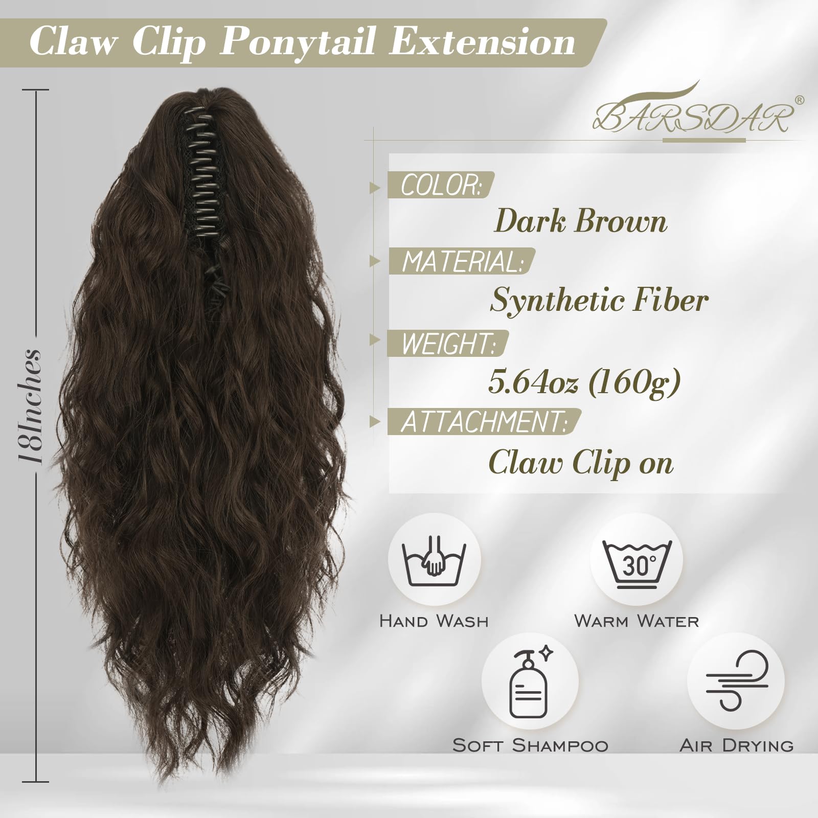 BARSDAR Extensions de cheveux synthétiques à clipser pour queue de cheval - 45,7 cm - Cheveux bouclés et ondulés - Pour tous les jours - Brun foncé
