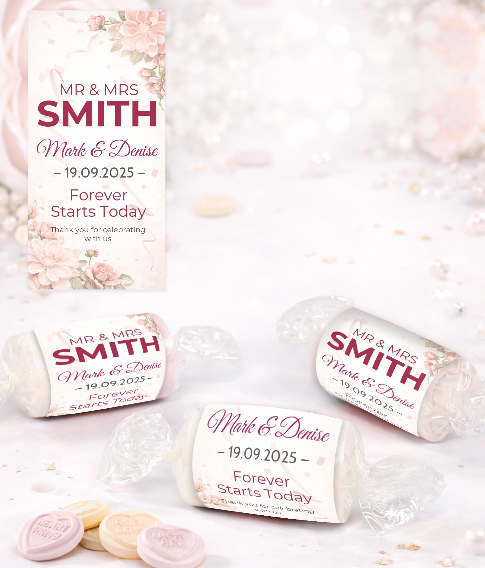 Personalised Wedding Favours Love Hearts, Custom Wrapped Wedding Sweets, Forever Starts Today, Mr & Mrs Favours UK (Champagne Gold) — view 2