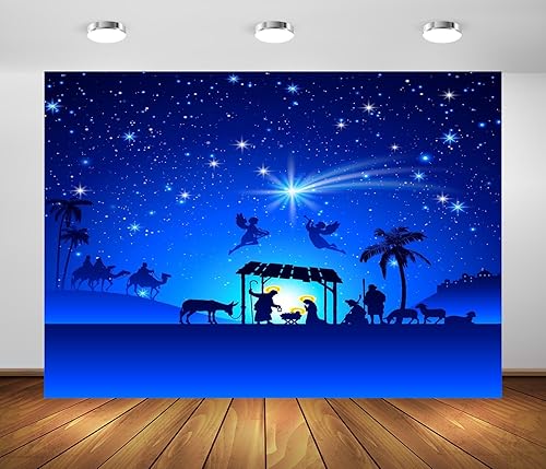 BELECO Telón de fondo de tela de 7 x 5 pies, diseño de pesebre, estrella de Belén, cielo nocturno azul, santa familia y tres reyes, nacimiento de disponible en Yaxa Costa Rica