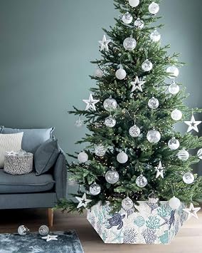 Ocean Coral Turtle Christmas Tree Collar Tree Box Stand Cover,Auqa Navy Blue Summer Coastal Seahorse Shell Artificial/Pencil/Silm/Skinny Tree Ring 6 Packs Collapsible Tree Skirt for Christmas,17x10