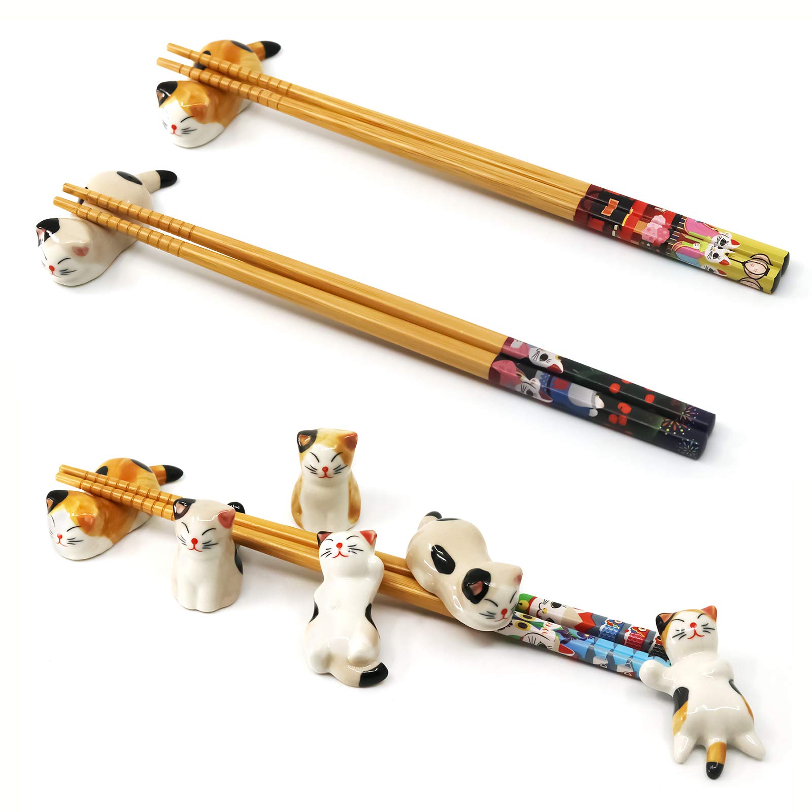 NaiHey 5 Pairs Chopsticks and Chopstick Rest Set, 6 Cute Lucky