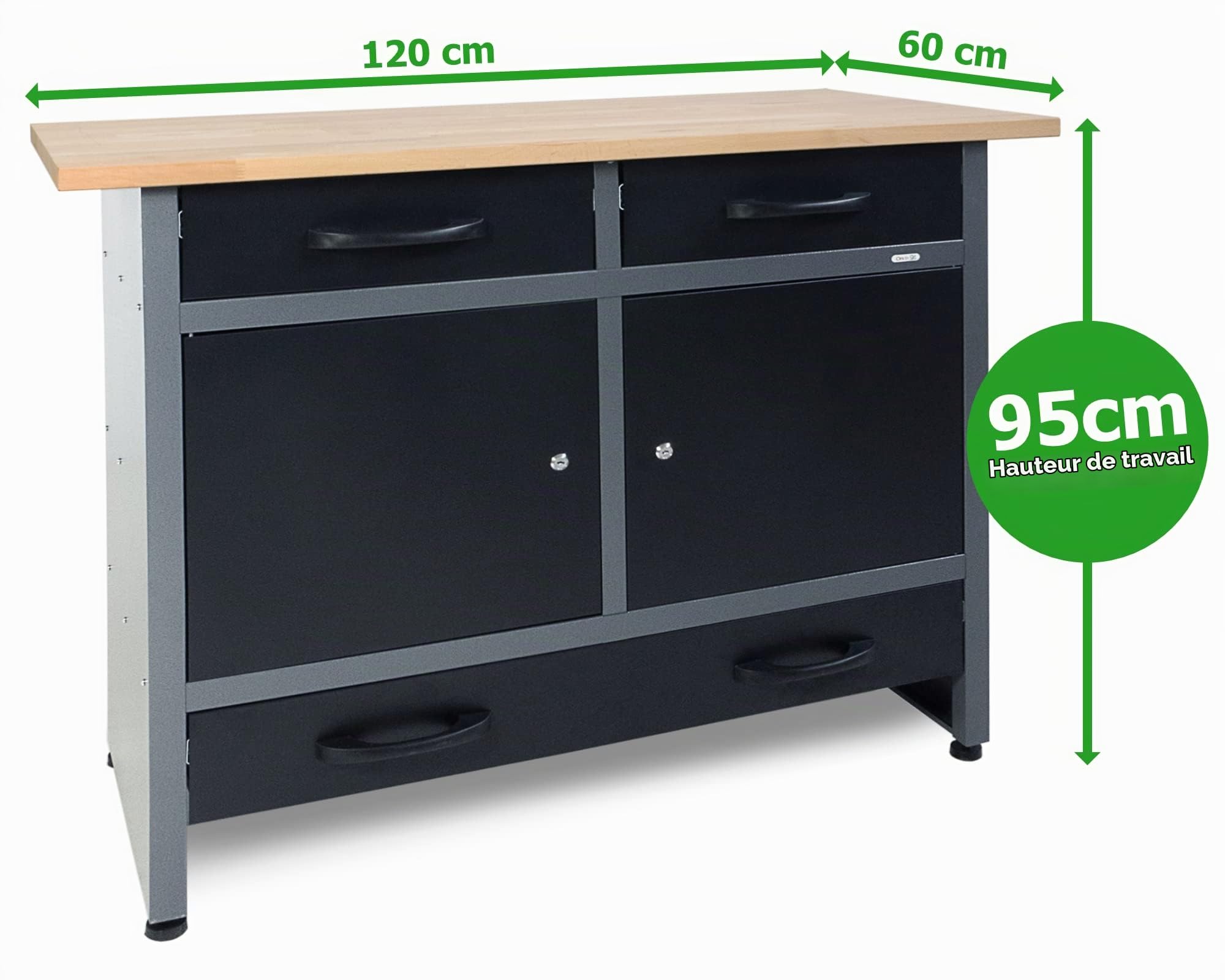 Établi de travail 120 cm en métal avec 3 tiroirs, 2 portes noires de 28 mm, plateau en bois de hêtre jusqu'à 510 kg