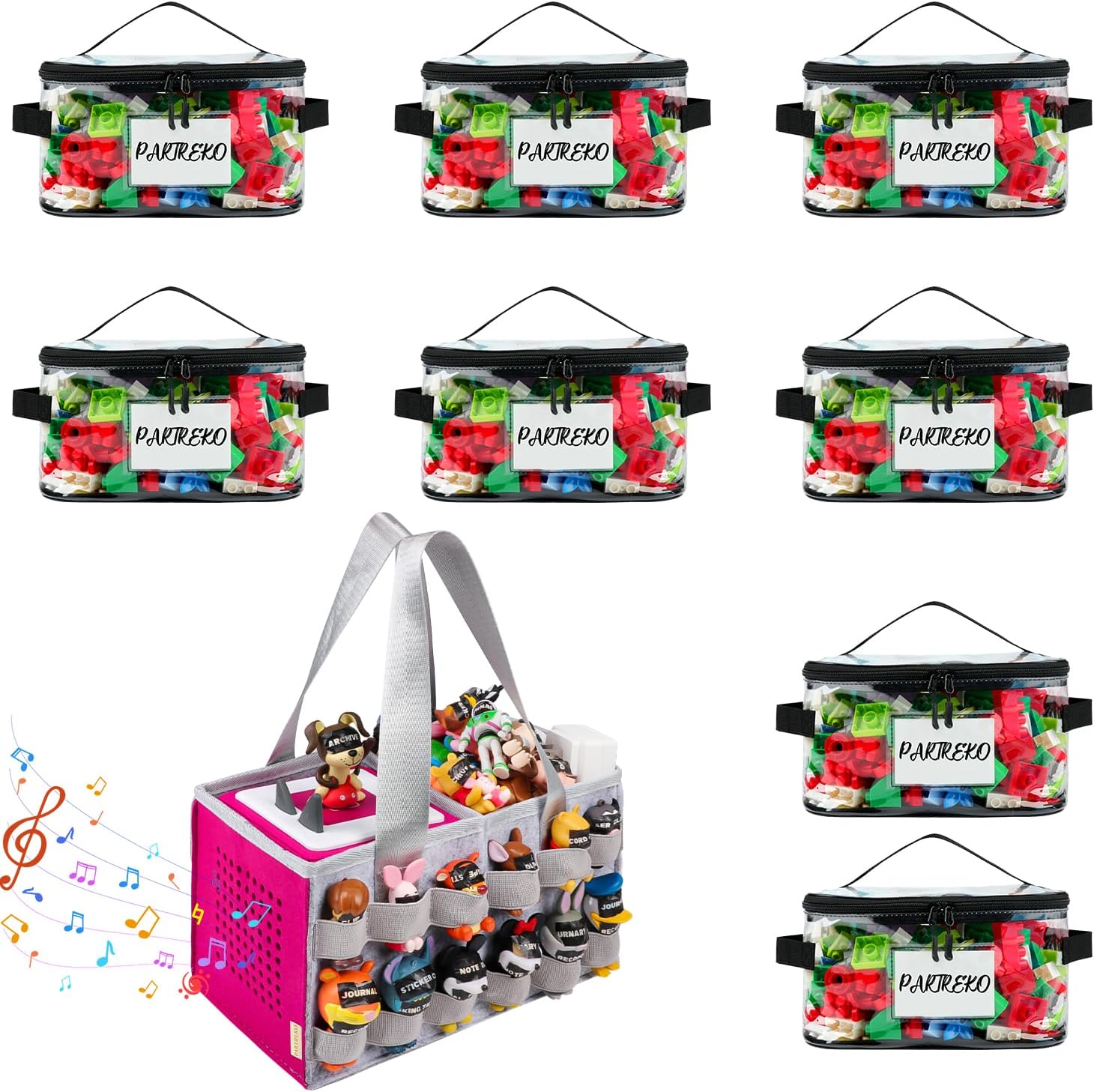 8 Pack Clear Toy Storage Bag with Name Tag& Manual Pocket & Carrying Case for Tonies Box with Audio Position, Portable Travel Storage Bag for Tonies Figures with 24 Elastic Strap Gray&Rose