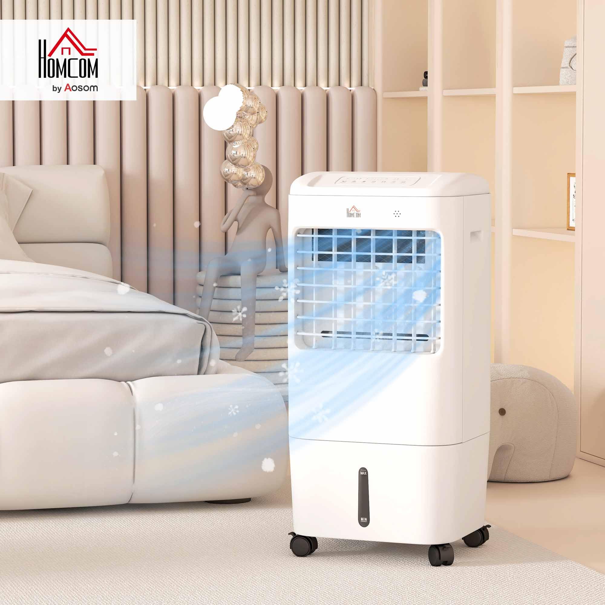HOMCOM Climatizador Evaporativo 3 en 1 15L con Humidificador y Ventilador Portátil, 3 Velocidades, Temporizador 7,5H, Control Remoto, Oscilación 60°, 37x32x78 cm Blanco