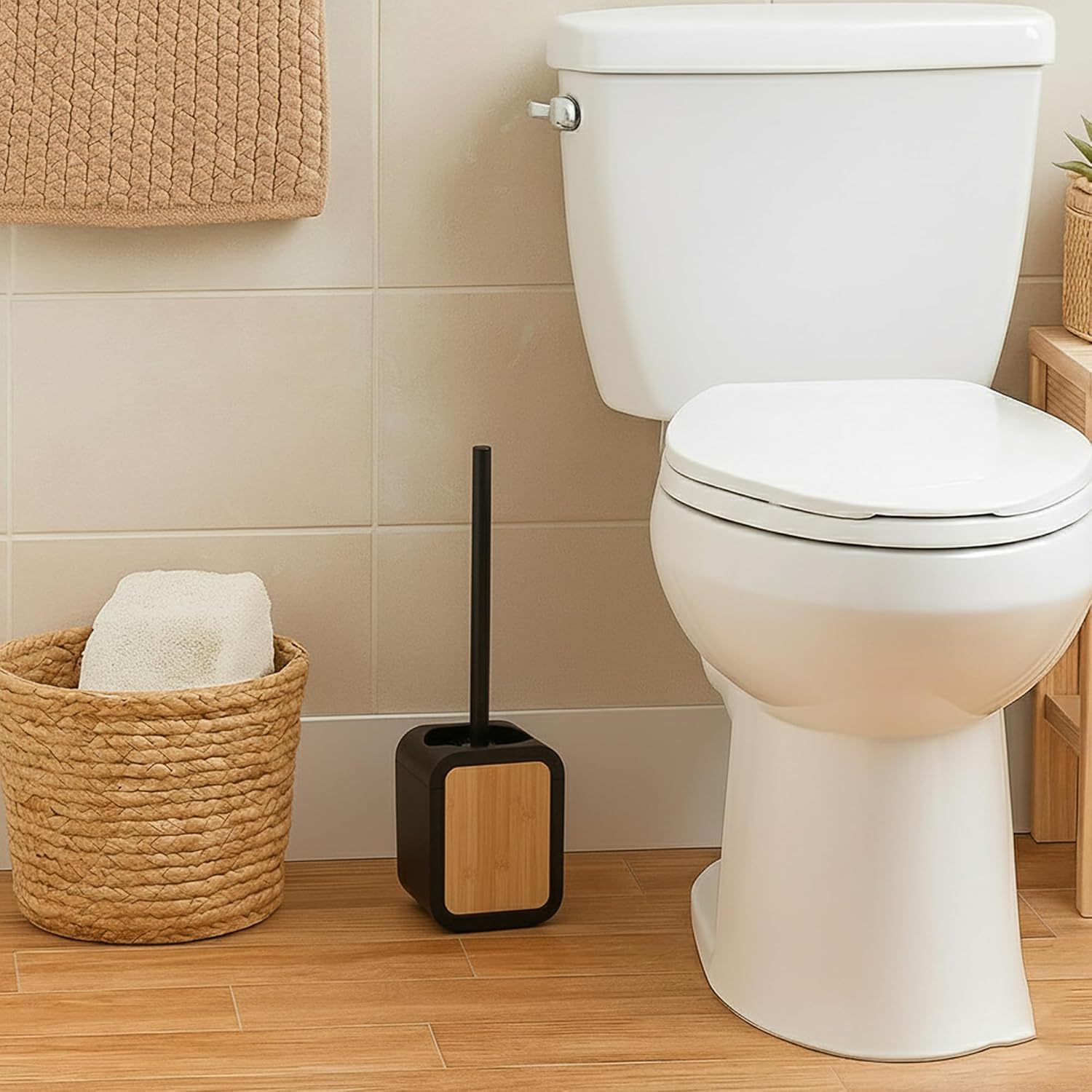 Toilet Brush and Holder Black Rubber and Bamboo – Compact Bathroom Cleaning Set for Deep Cleaning – Ideal for Modern or Contemporary Spaces