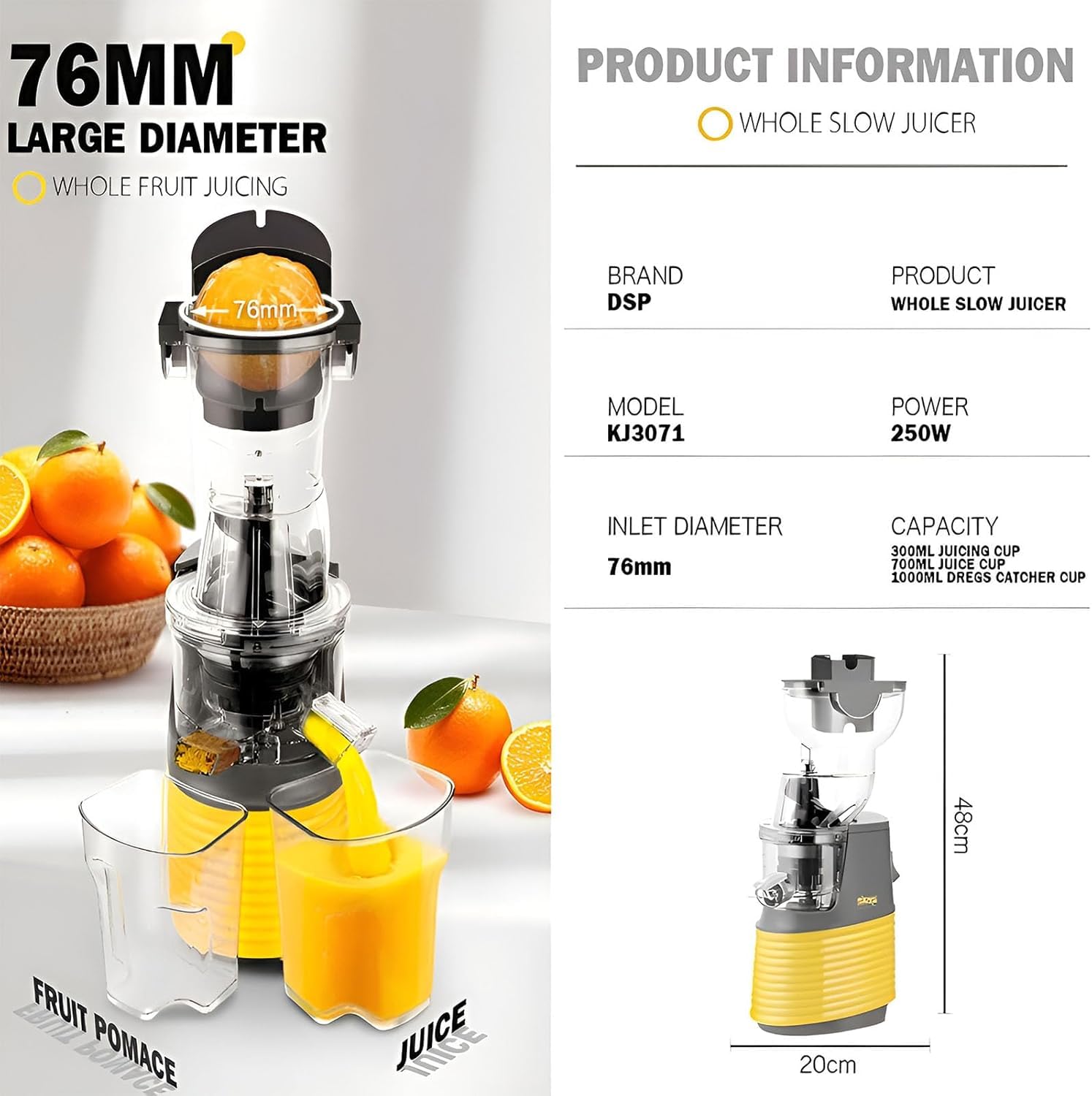 Macchina spremiagrumi a masticazione lenta, diametro 76 mm, spremiagrumi a freddo per frutta e verdura, design multifunzionale, apparecchio di qualità professionale