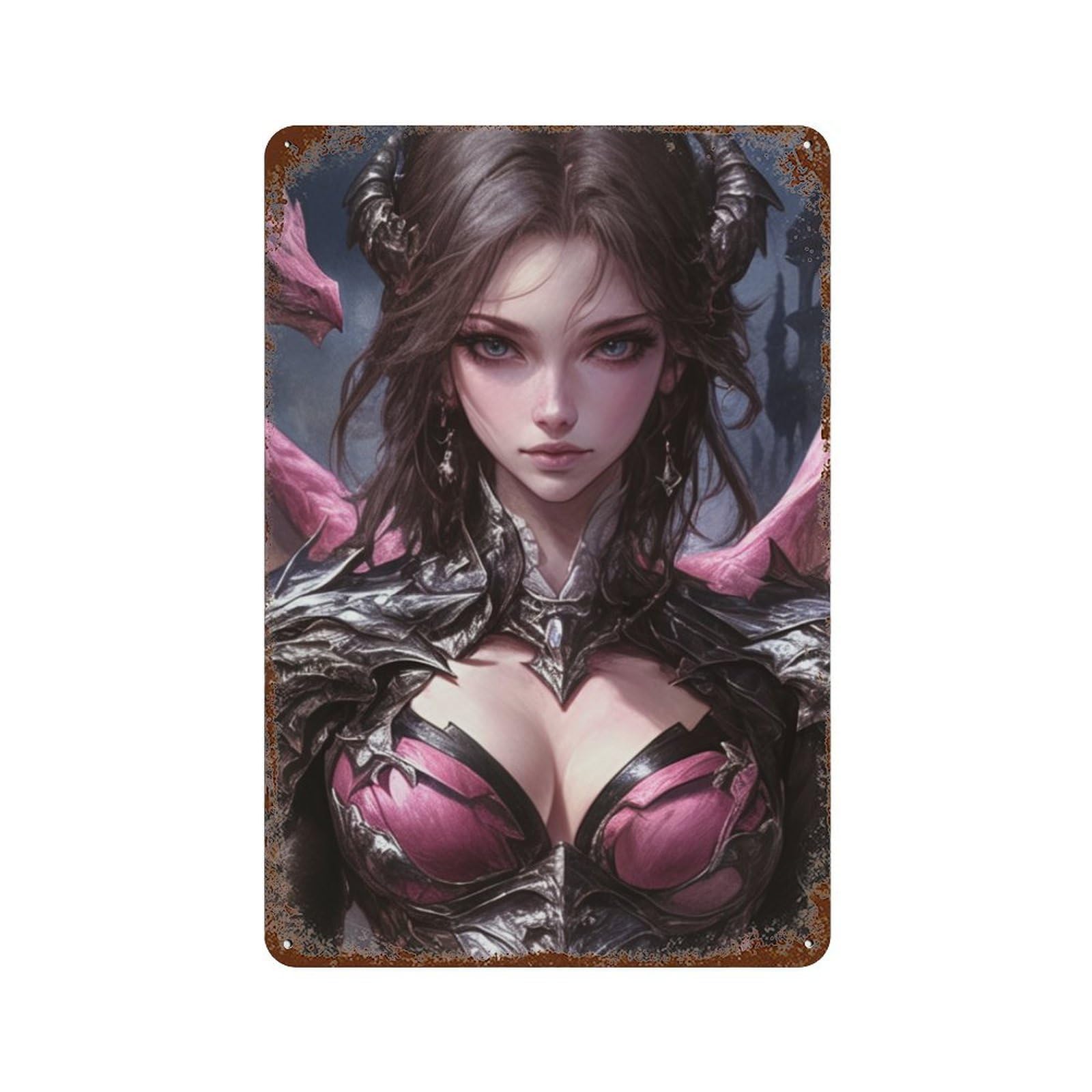 Fantasy Dragon Armor Woman Aged Metal Wall Plaque 11.8"x7.9", for Basement, Hobby Room And Garage Decor, Rustic Home Decor