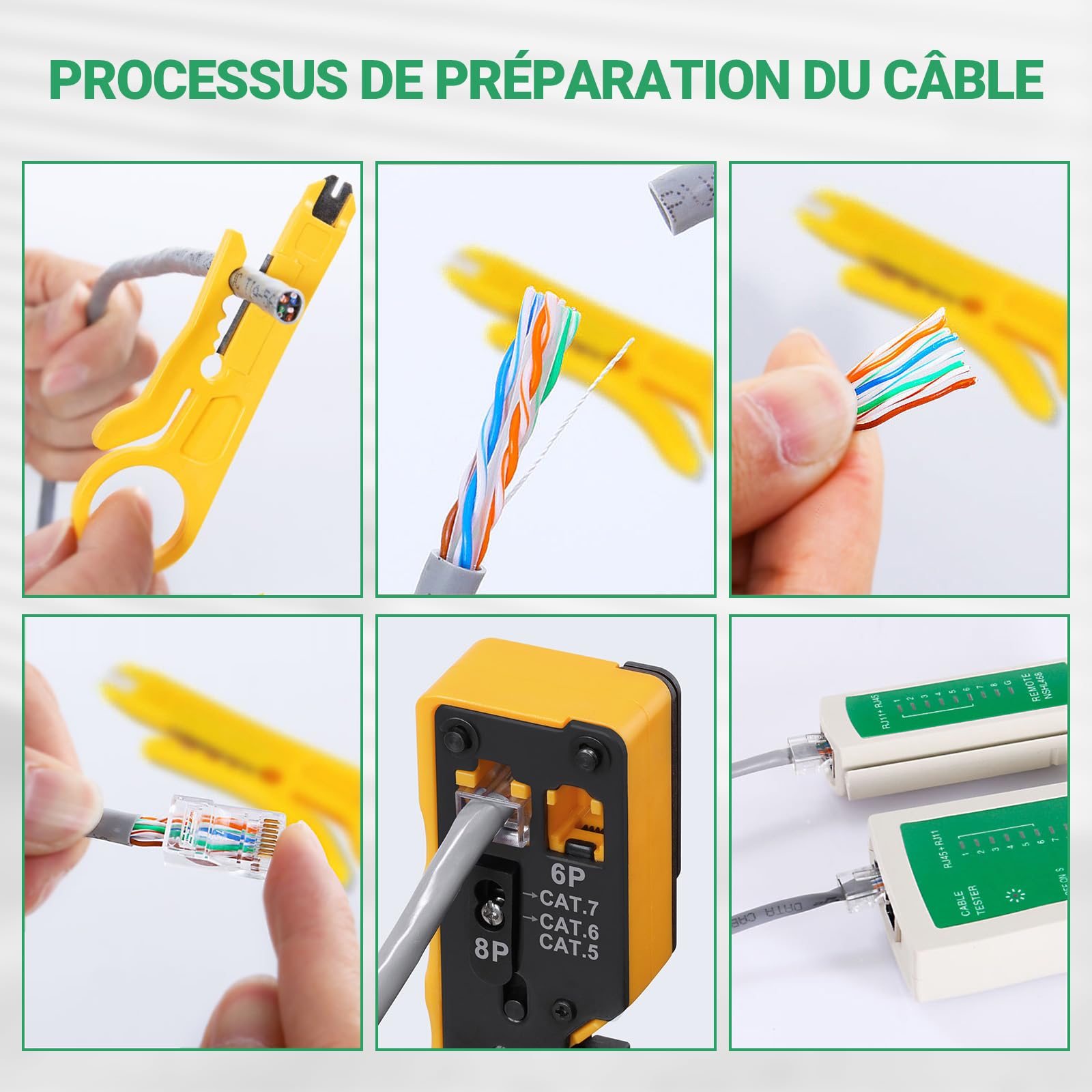 SGILE RJ45 Kit de Sertissage, Couteau à Dénuder à Sertir Traversant, Cat5 Cat6 Cat7 Tout - en - Un, Kit de Sertissage Ethernet Réseau, Kit Réparation Réseau, 50 Connecteurs CAT6