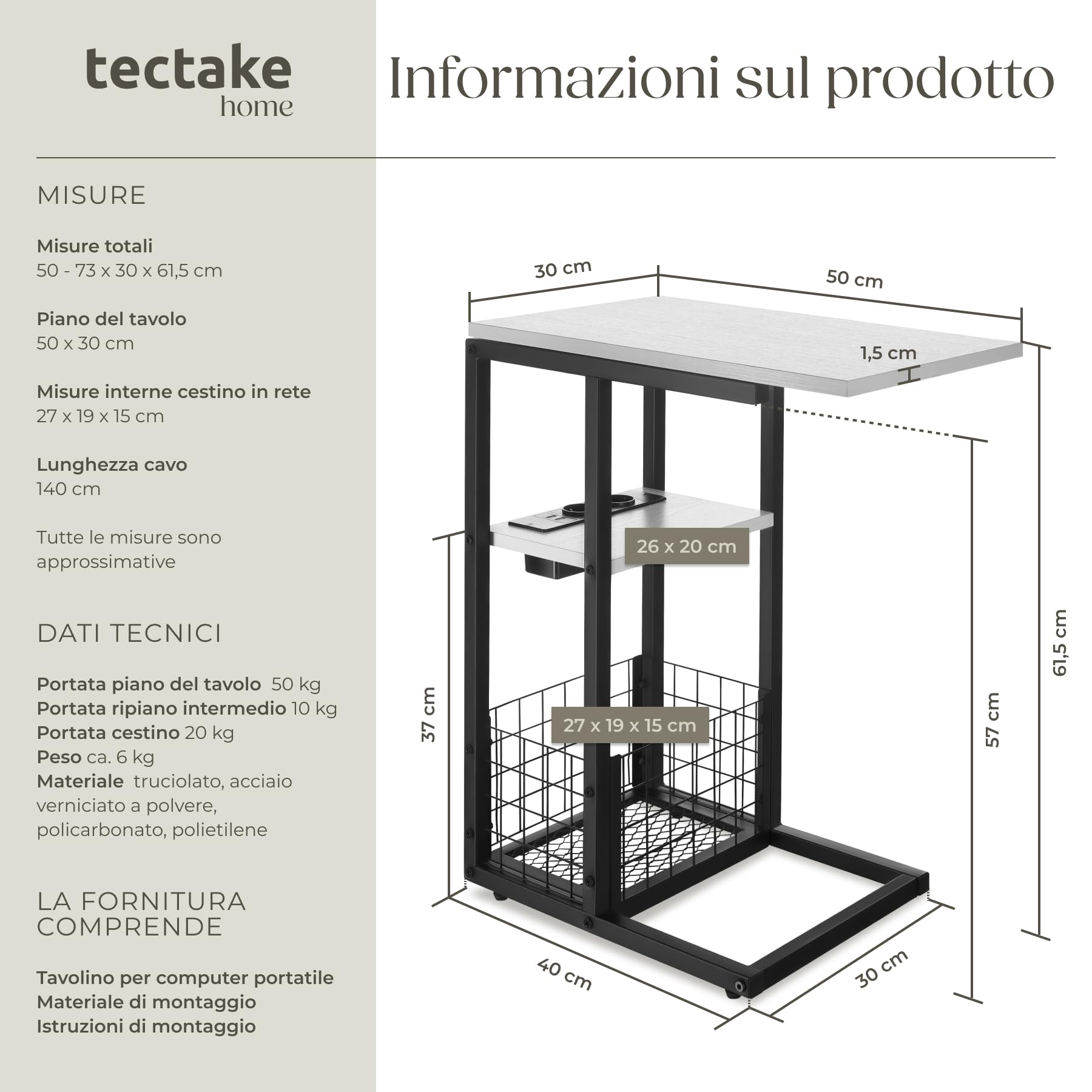 tectake® Tavolino Supporto PC Portatile con Forma a C, Tavolino da Letto con Stazione di Ricarica Integrata, Tavolino da Divano con Piano Scorrevole, Tavolo con Vassoio Portaoggetti - Bianco
