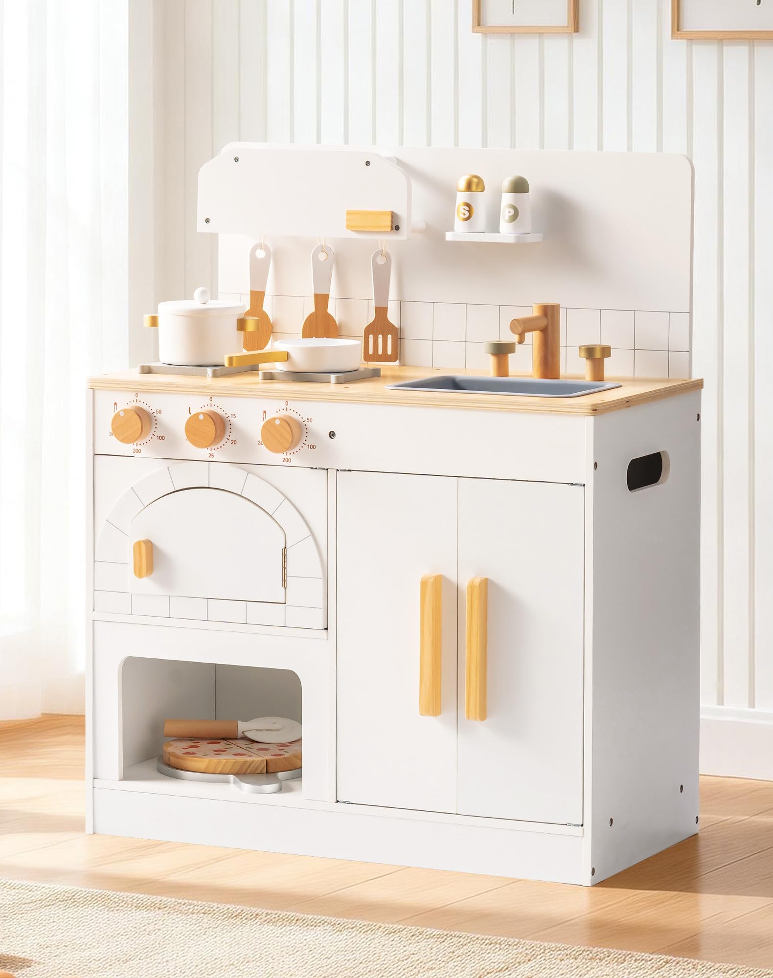ROBOTIME Wooden Play Kitchen for Kids, White Pretend Kitchen Playset with Pizza Oven, Sink, Hob, Storage Cabinet, Pots, Utensils & Cuttable Pizza, Role Play Kitchen Toy for Toddlers Boys Girls