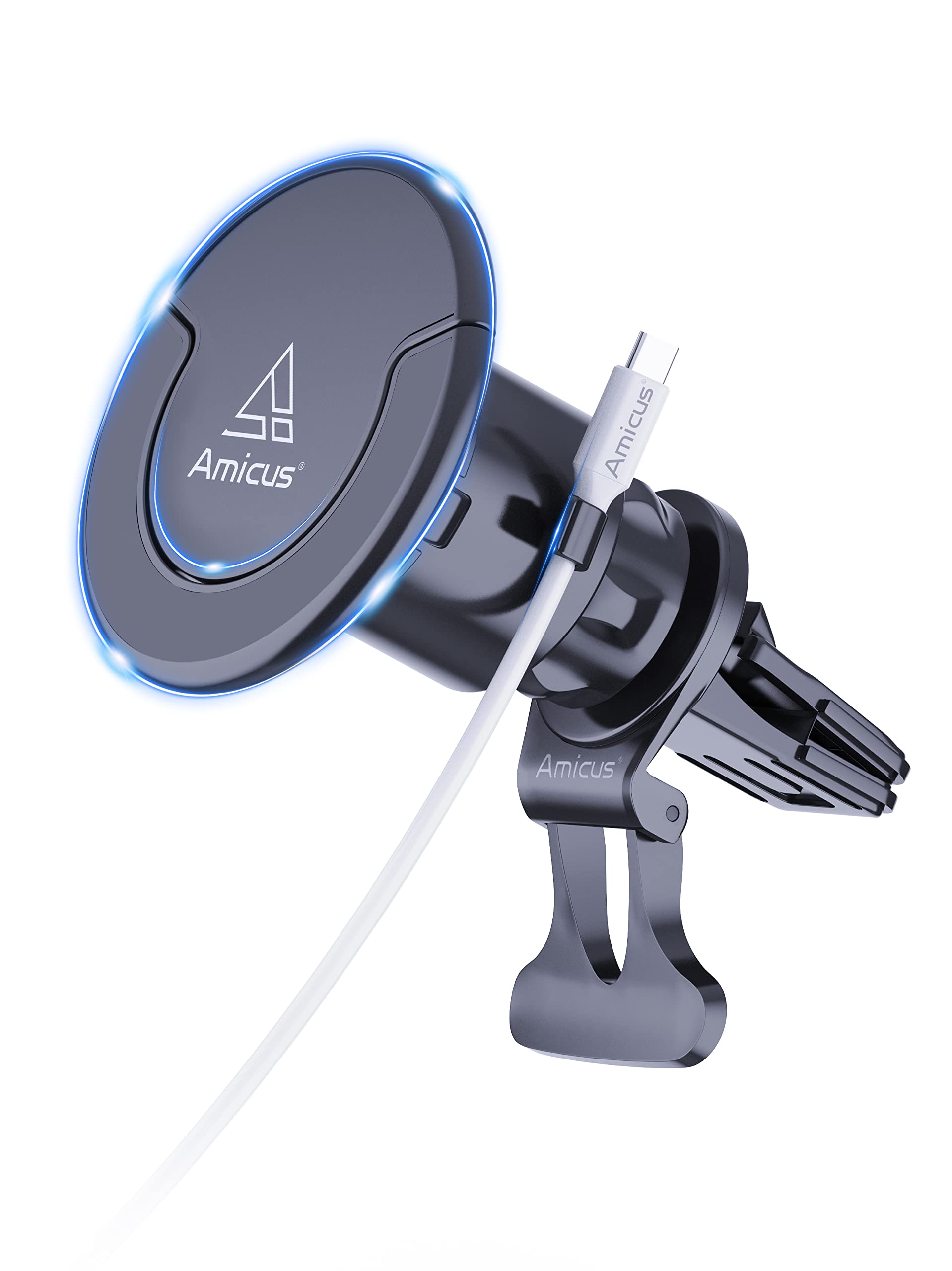 AmicusDual Magnetic Car Vent Phone Holder Mount for iPhone 13/12 Series,One Touch Switch to Collapsible Grip/Socket Mount Holder Compatible with Magsafe Case/Charger/Tablets/All Smartphones,Black