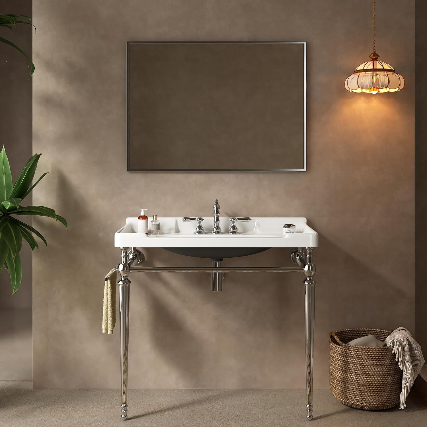 36 Inch Free Standing Bathroom Vanity with Stainless Chrome Supporting Leg and Towel Rack, White Bathroom Console Sink with 3 Tap Holes, White with Silver