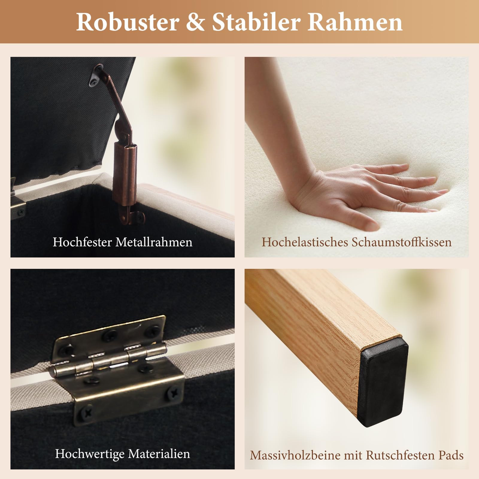 Sitzbank mit Stauraum 98cm, Sitzbank mit Beinen, Rechteckig, Aufbewahrungsbox, bis 300 kg belastbar, Gepolstert, mit Stauraum, Schlafzimmer, Flur, Polsterhocker, Leinen, Beige