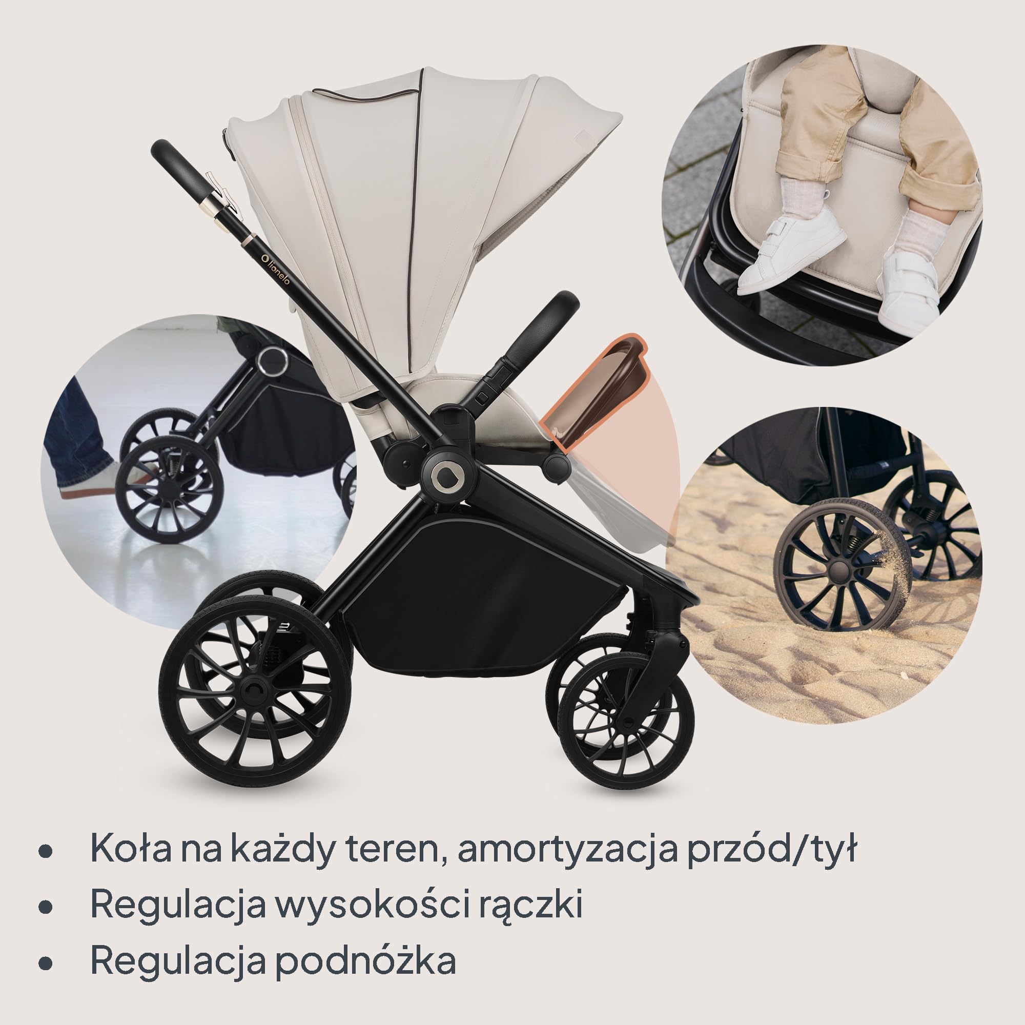 LIONELO MIKA PLUS 3 w 1 Wózek Spacerowy Dziecięcy 0-48 miesięcy do 22 kg Gondola do 9 kg Fotelik Samochodowy Nosidło do 13 kg, Regulacja Oparcia, Amortyzacja, Koła 360° Budka XXL (Beżowy) | Od 0 do 48 miesięcy, do 22 kg, gondola do zawieszenia, kółka 360°