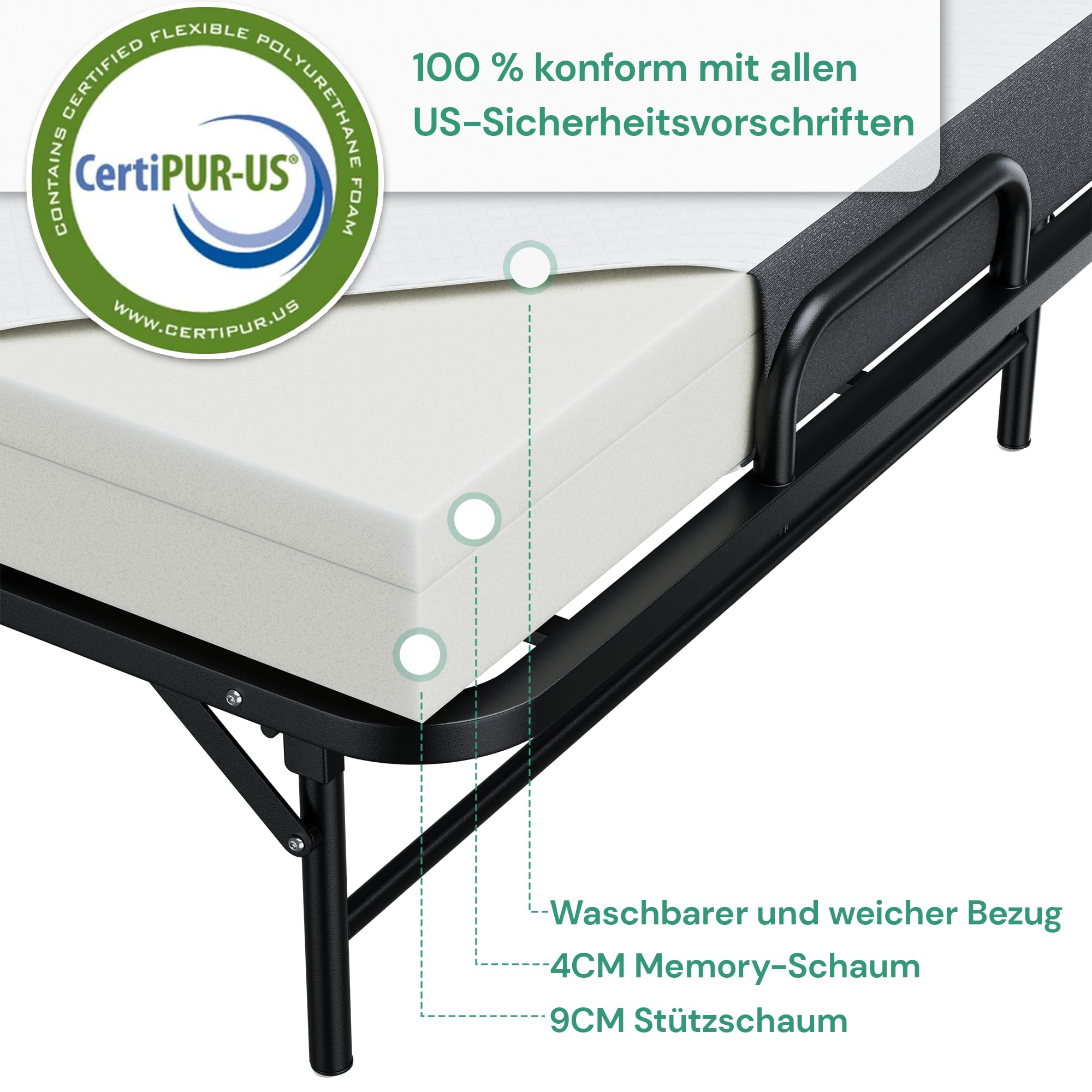 SunsGrove Klappbett 191x97 cm mit 13 cm Memory Foam Matratze, Gästebett Klappbar für Erwachsene, Faltbares Metallbett mit Rollen, Reisebett Stabil bis 200 kg Belastbar