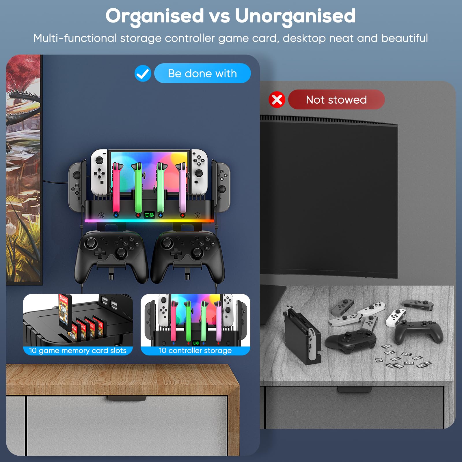 RGB Switch TV Dock Station & Wandhalterung für Nintendo Switch/OLED & Joycon, LED Ladestation für Switch Controller und Konsole，mit 4 USB-Anschlüssen, Switch-Organizer für 10 Kartenfächer, 2 Haken