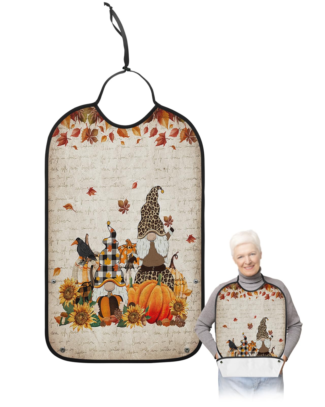 Thanksgiving Gnomes Adult Bibs for Eating, Waterproof Bibs with Food Catcher & Adjustable Snap Closure, Rustic Pumpkin Floral Maple Leaf Washable Clothing Protectors Adult Bibs for Elderly Women/Men