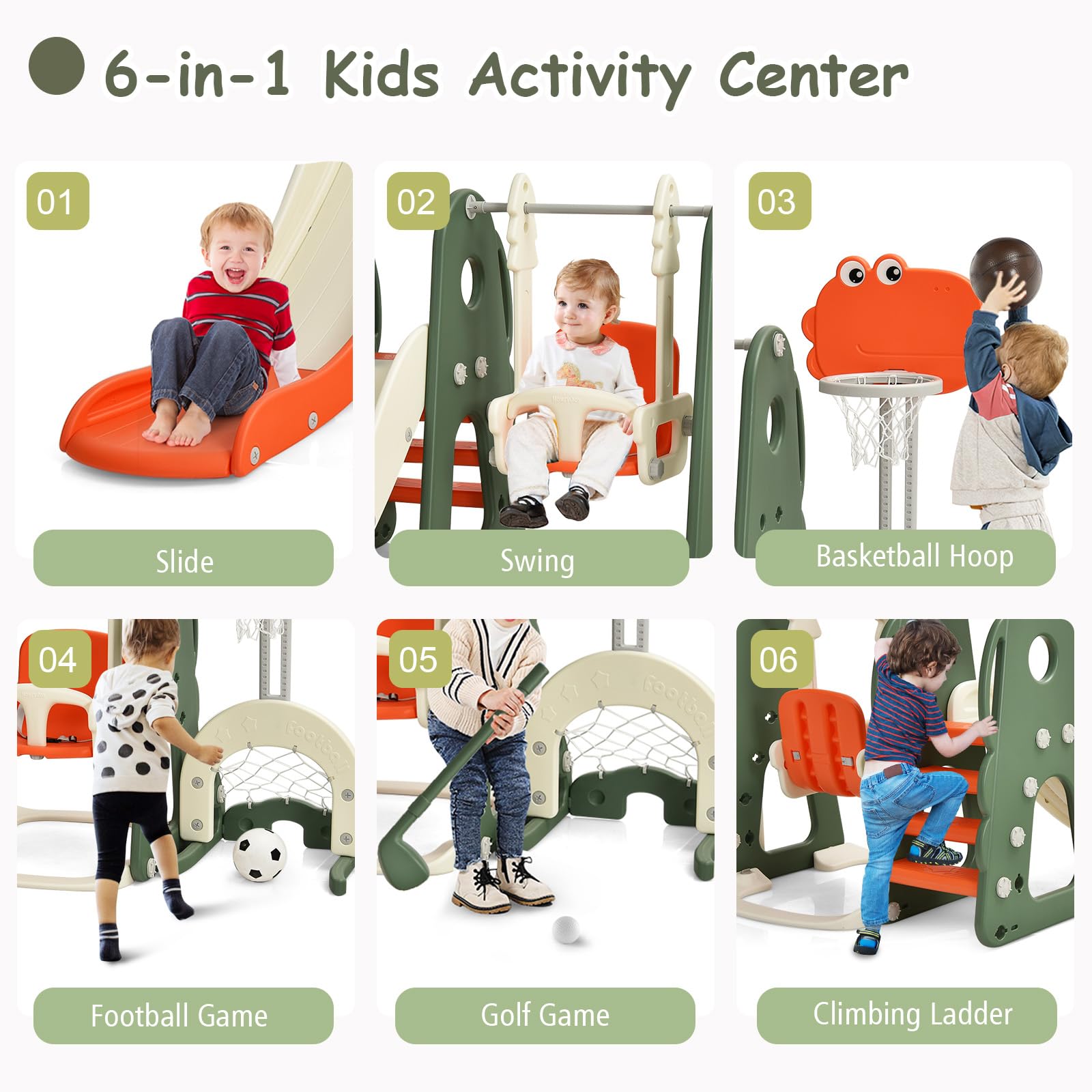 HOMASIS 6 in 1 Scivolo per Bambini con Altalena, Canestro da Basket & Scala da Arrampicata & Porta da Calcio & Buca da Golf, Parco Giochi Educativo per Bambini, 3+ Anni (Colorato)