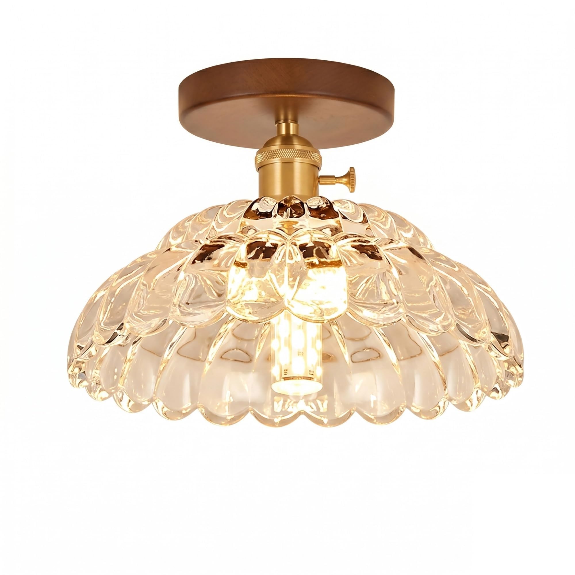 Nowoczesna lampa sufitowa ze szkłem, półwpuszczany żyrandol w stylu vintage, z podstawą z drewna orzechowego, zapiekanka lampa sufitowa z połowy wieku do przedpokoju, przedpokoju, garderoby, sypialni