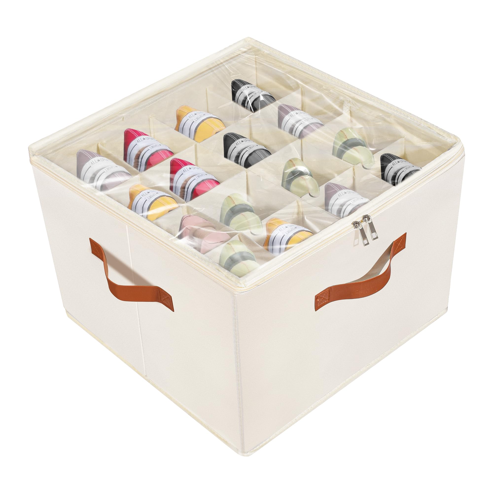 Shoe Organizer for Closet, Large Fabric Shoe Storage Bins with Clear Cover, Adjustable Dividers for Shoe Storage, Shoes Cube Organizer Fits up to 14-16 Pairs(Beige, 1-Pack)