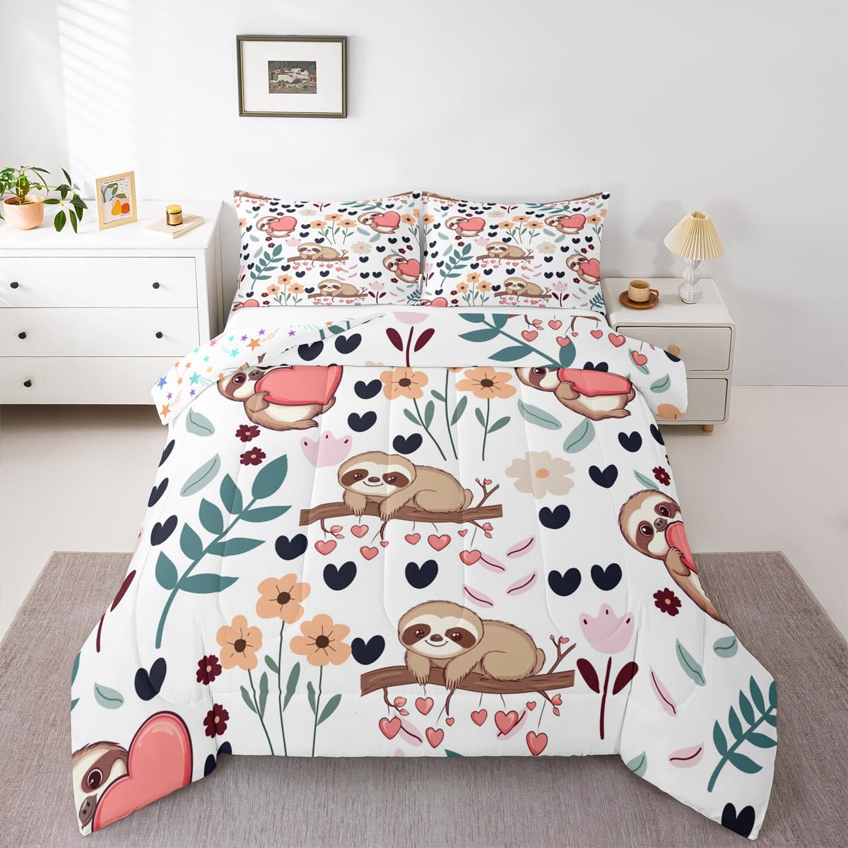 Feelyou Sloth Comforter Set King Size, Sloth and Flowers Bedding Set for Kids Toddler Botanical Plant Bedding Set Kawaii Animal Duvet Set Durable Quilt Set