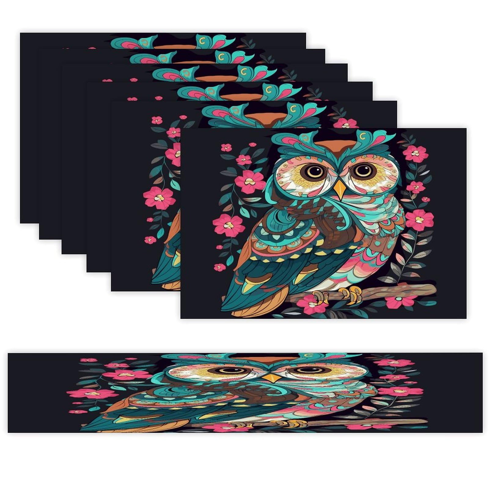 Anime Owl Table Runner and Placemats Set of 6 Wipe Clean Heat Resistant Table Mat with Table Runner Decorations Flax Linen Place Mat Set for Home Kitchen Party Supplies