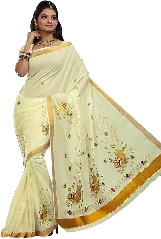 JISB Kerala Kasavu Peacock Embroidered 
