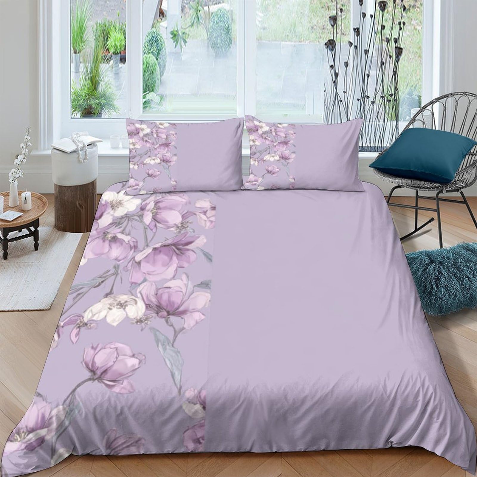 Ctjqhvkz Style-5 3D Printed Magnolia Blossom Fitted Sheet Microfiber Soft Purple Floral Bed Cover For Bedroom, Guest Room Decor Single（135X200cm）