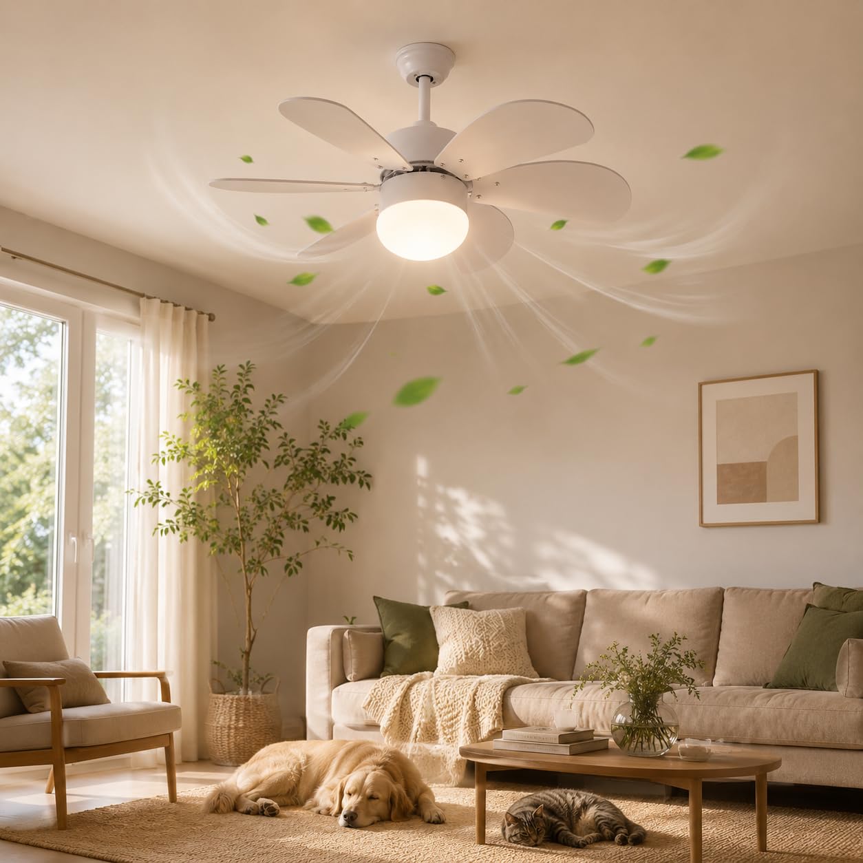 Homefire Deckenventilator Mit Beleuchtung und Fernbedienung Leise - Deckenlampe Wohnzimmer 6 Flügeln Ventilator Ø75 cm Timing Deckenleuchte Fan Sommer-/Winter für Schlafzimmer Küche Esszimmer/Weiß