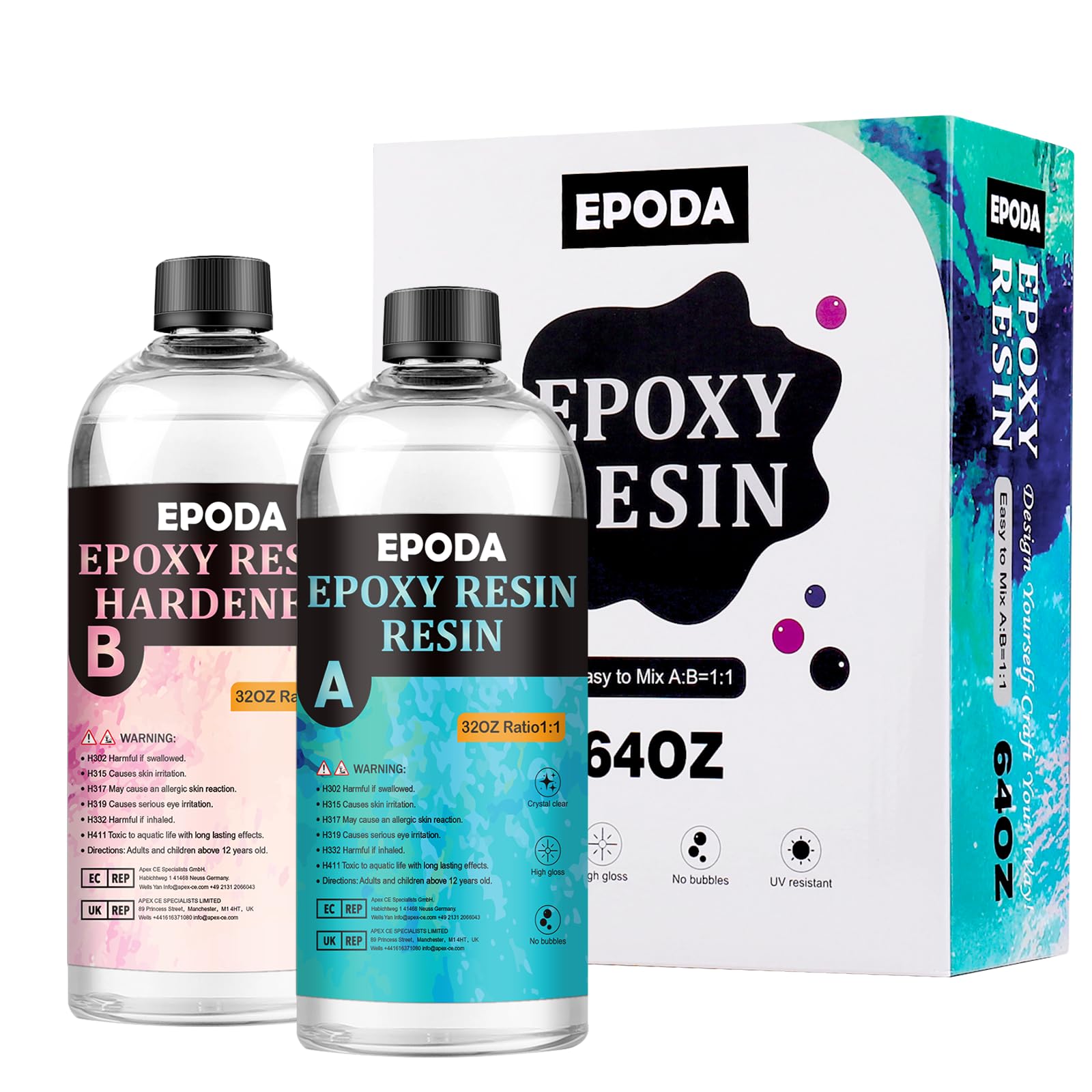 EPODA Epoxy Resin with Hardener, 64oz/1.9l Bubble Free Casting Resin, Epoxy Resin Kit for Crafts, Clear Crystal Resin Kits for Beginners