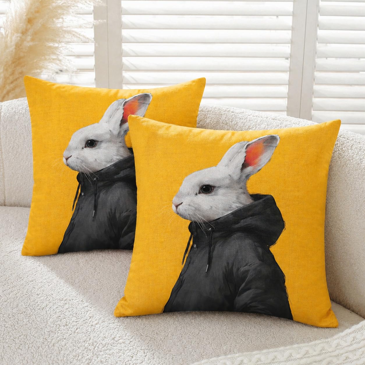 Gemdoit Cushion Covers 45 x 45 – Pack of 2 Super Soft Sofa Covers with Invisible Zipper, Square Decorative Rabbit Hoodie Print Throw Pillows for Living Room, 18 x 18 Inch