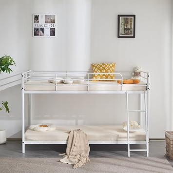Twin Size Metal Bunk Bed,Heavy Duty Metal Bunk Beds,Industrial Bunkbeds Mattress Foundation,Modern Platform Bed Frame,with Ladder & Guard Rail,for Living Room Bedroom Dorm Guest Room White
