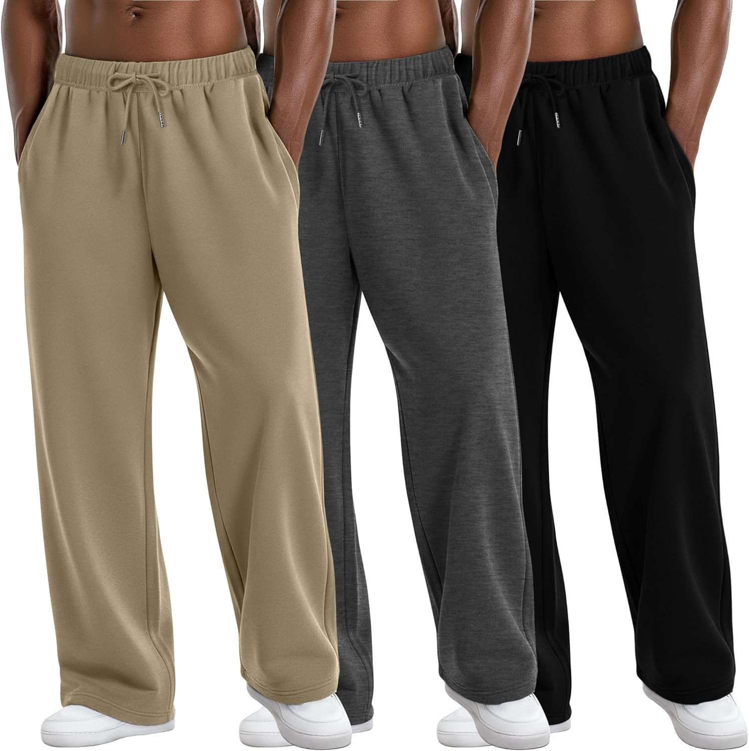 3 Pack Men's Straight Leg Sweatpants, Open Bottom Athletic Baggy Pants Lounge Drawstring Pants with 3 Pockets(Khaki, Charcoal Gray, Black,X-Large)