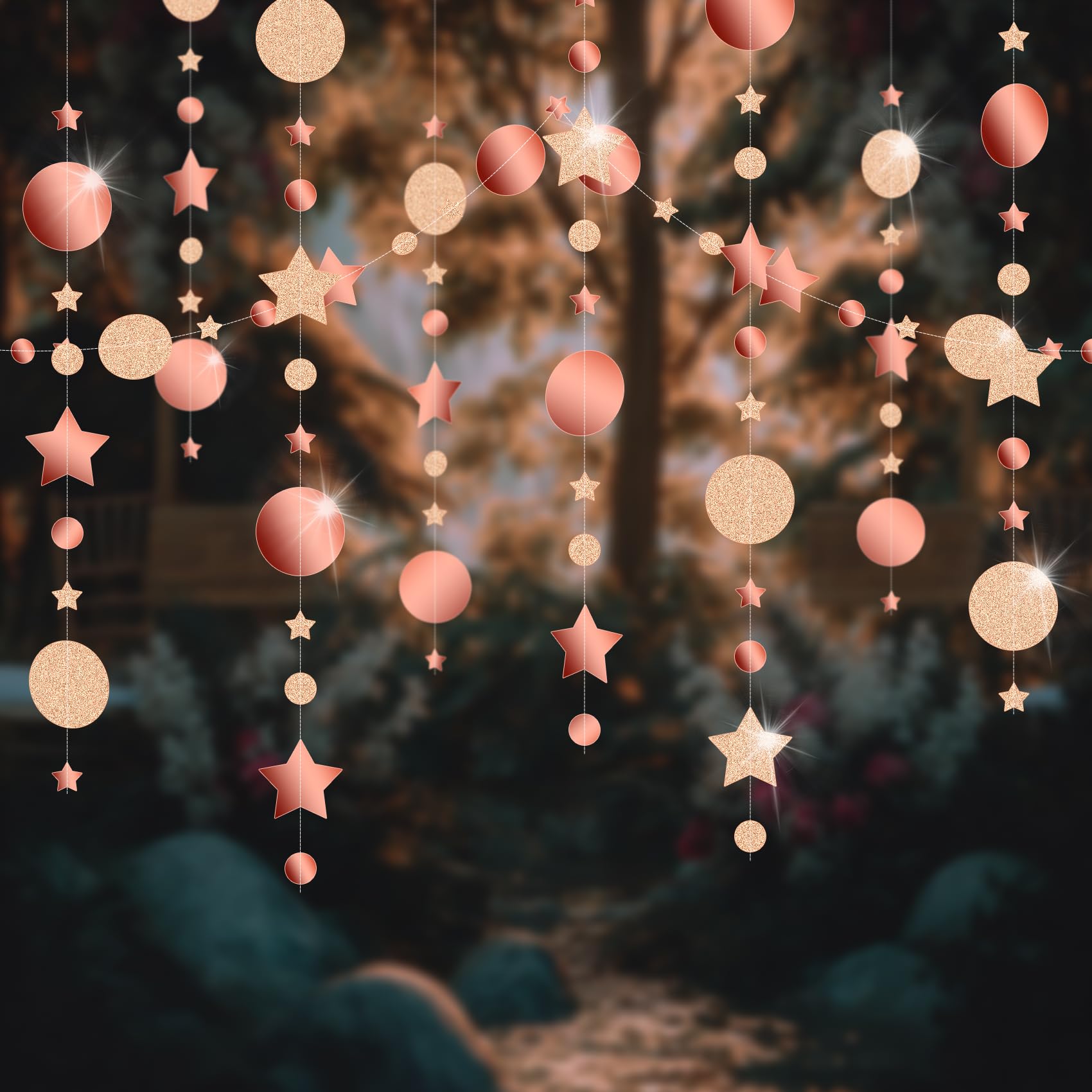 Iridescent Twinkle Circle Dot Star Garland Decoration,4PCS Holographic Rainbow Hanging Paper Garland,Hanging Shiny Paper Circle Dot Streamer for Christmas New Year Baby Shower Wedding(Rose Gold)