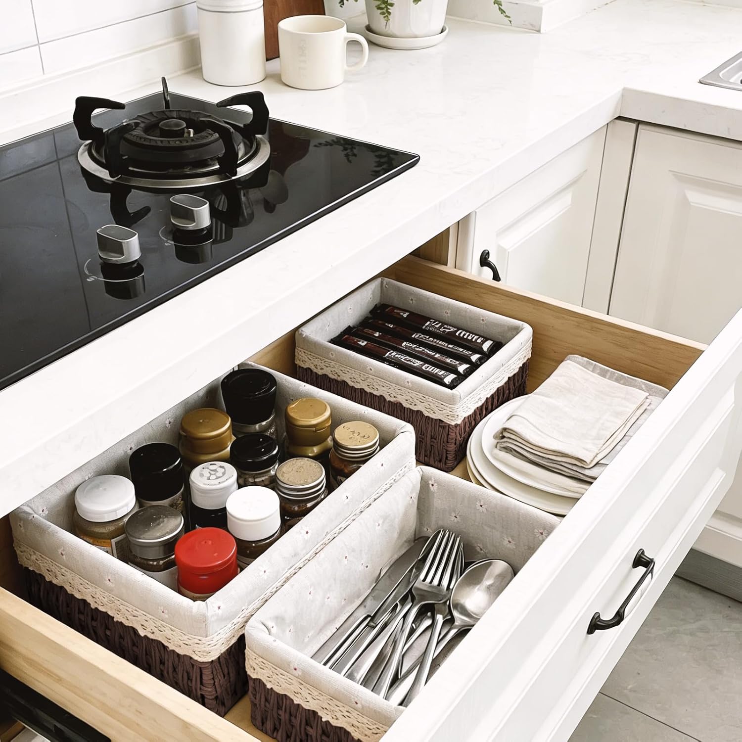 Wicker Storage Baskets 3-Pack Set, Hand-Woven Paper Rope Rattan Bins with Removable Liner, Multi-Size Organizer Baskets for Pantry, Countertop, Bedroom, Bathroom, Shelves (Dark-Brown, L+M+S)