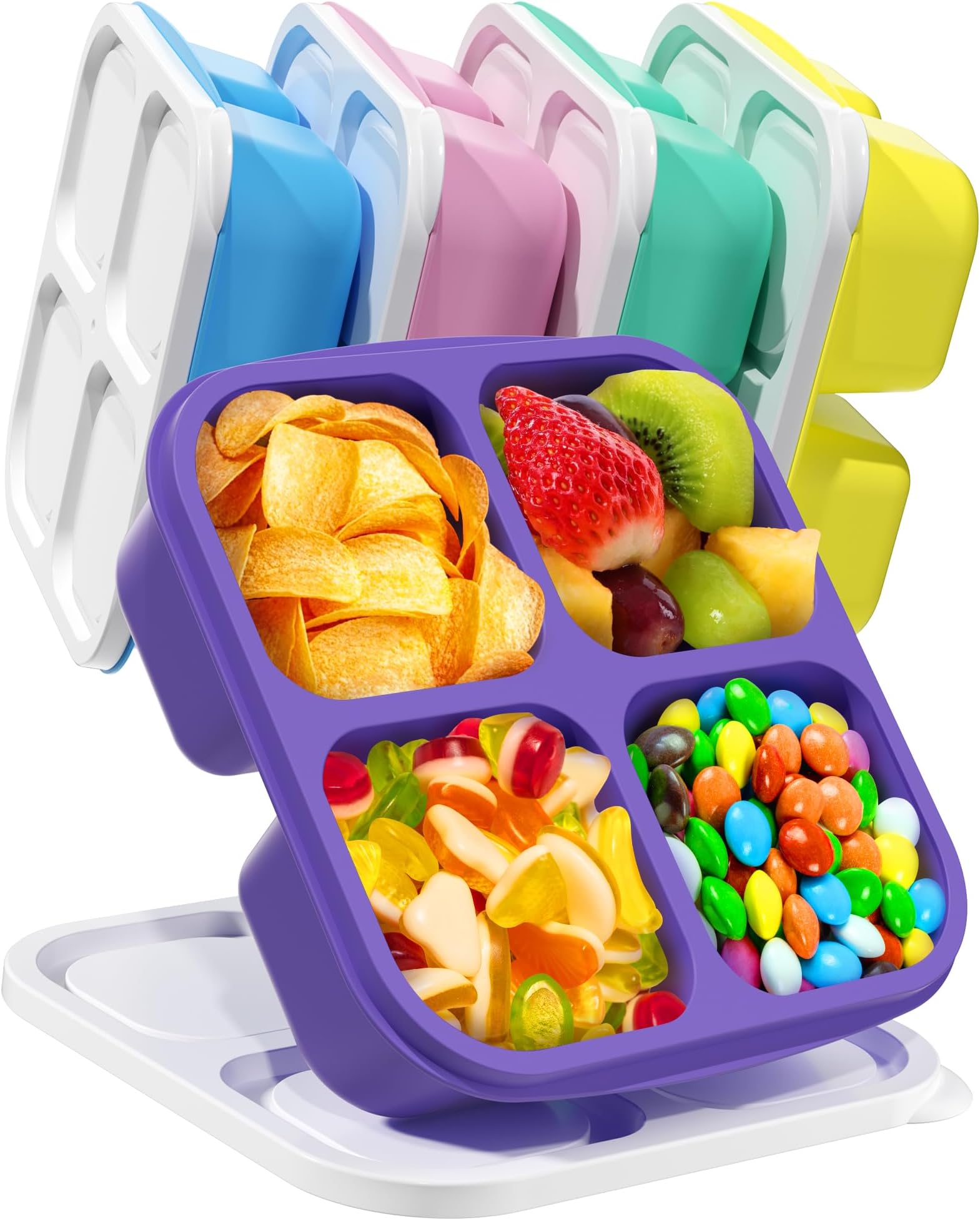 Canfanni 5 PCS Bento Snack Containers, Reusable 4 Compartment Divided Food Storage Containers, Divided Lunchable Container for School, Work and Travel (5 Color)