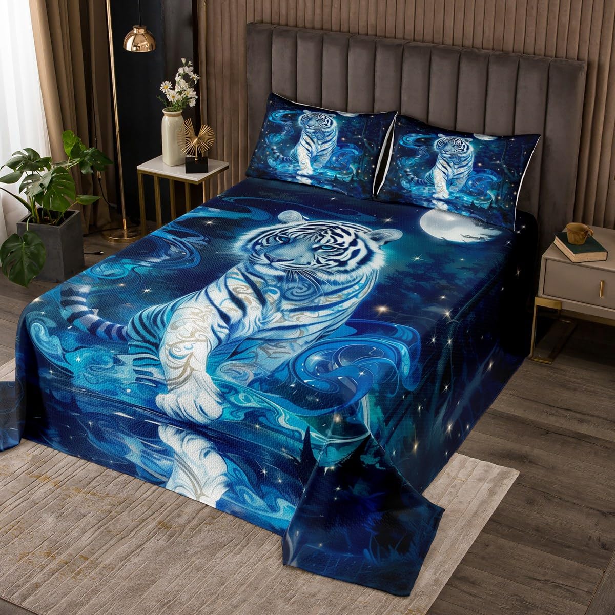 Castle Fairy 3D Tiger Bedspread Queen Size Jungle Wild Animal Coverlet Set Kids Room Present Naural Landscape Bedroom Decor Bedding Set Western Magical Wildlife Bedding with 2 Pillowcases