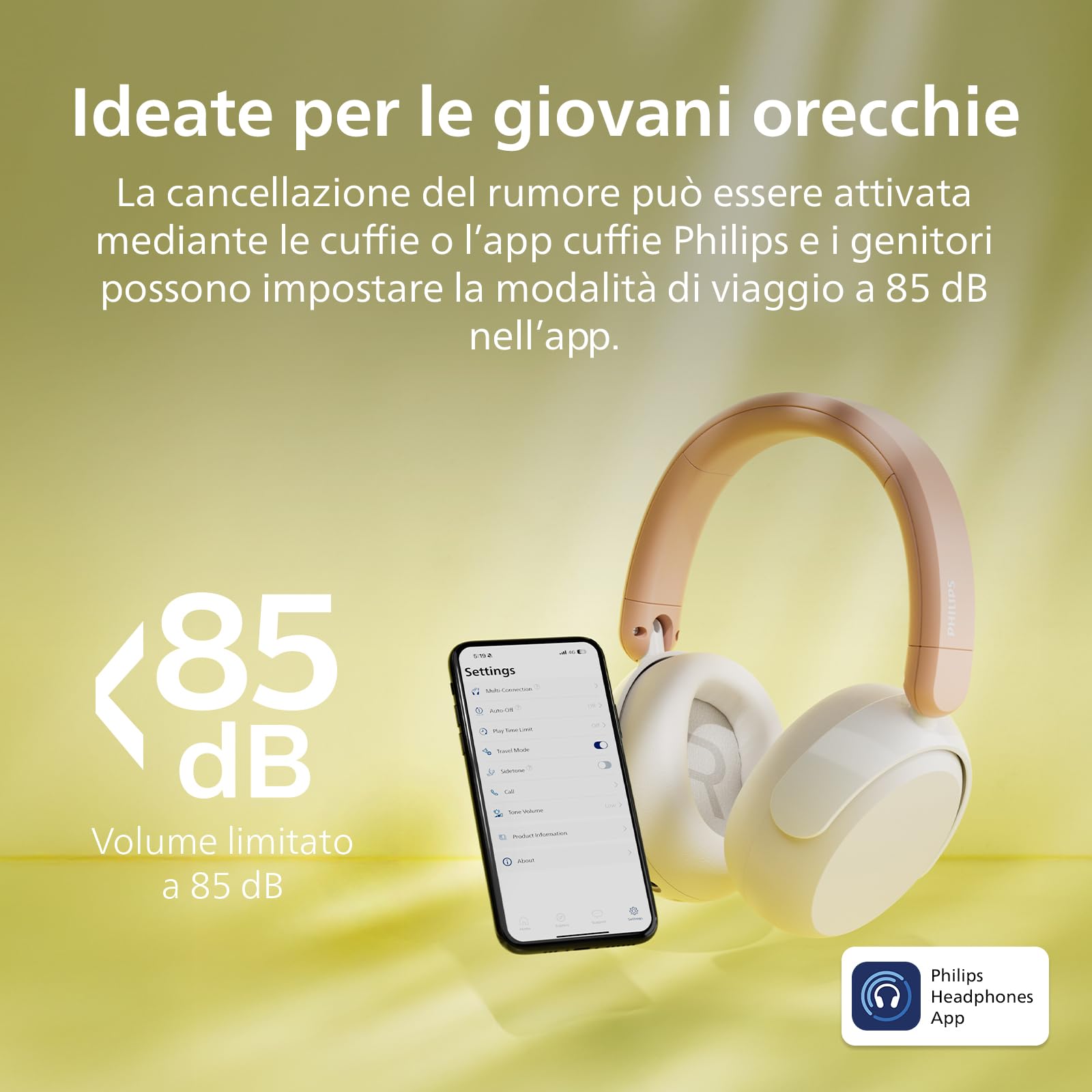 Philips TAK5500AL Serie 5500 Cuffie pieghevoli per bambini con cancellazione del rumore on-ear wireless Bluetooth 5.4, 34 ore di riproduzione, volume limitato, condivisione audio, cavo USB-C incluso