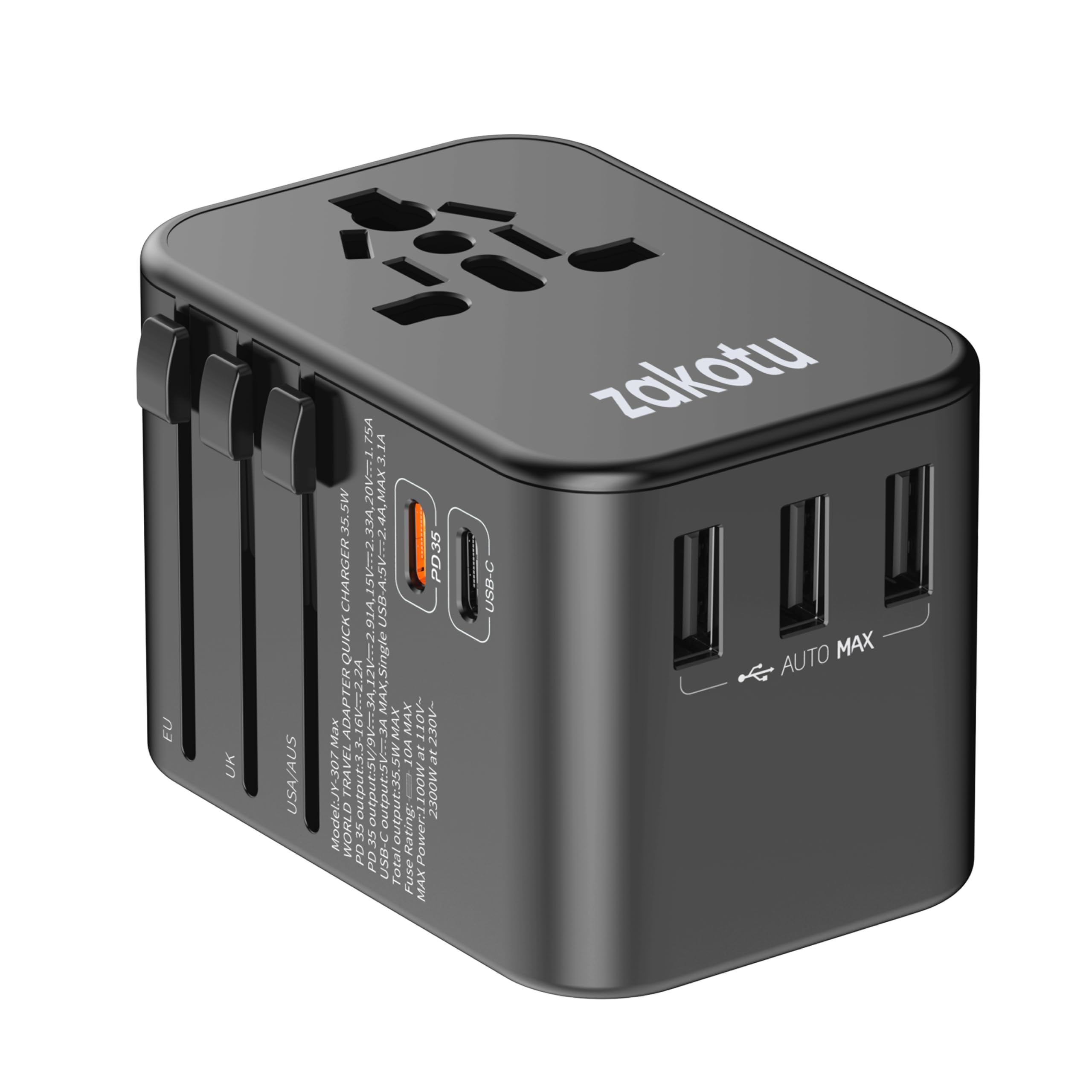 Universal All in One 35.5W Worldwide Travel Adapter with PD&amp;QC 3.0 Dual USB-C, 3 USB Travel Adapter Worldwide, International Power Adapter with Type I C G A Outlets 110V 220V A/C-EU Euro US UK
