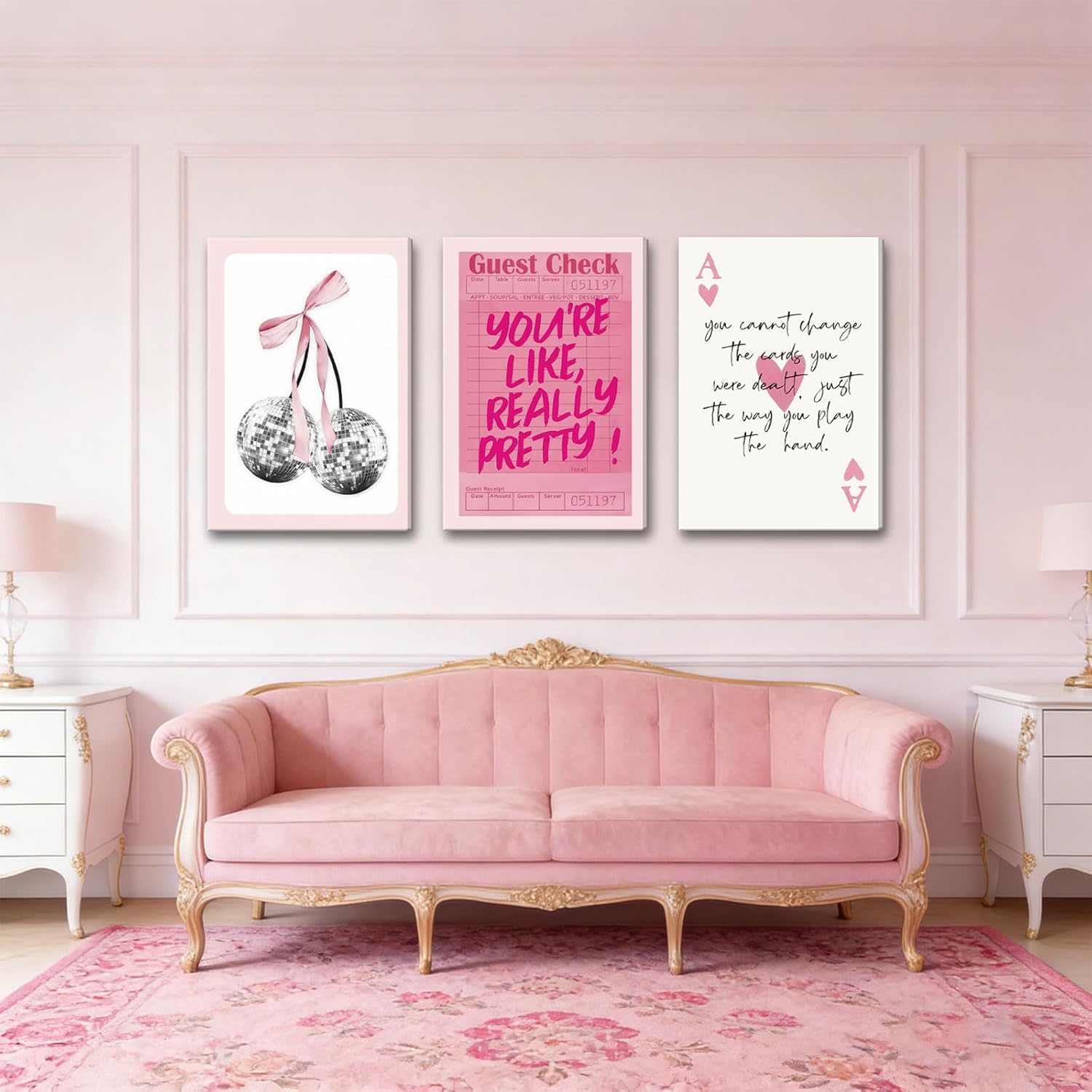 3Pcs Trendy Pink Preppy Canvas Wall Art Cute Girly Coquette Disco Cherry Pictures Wall Decor Preppy Room Decor Aesthetic Posters Prints for College Apartment Dorm Decoration 16x24in