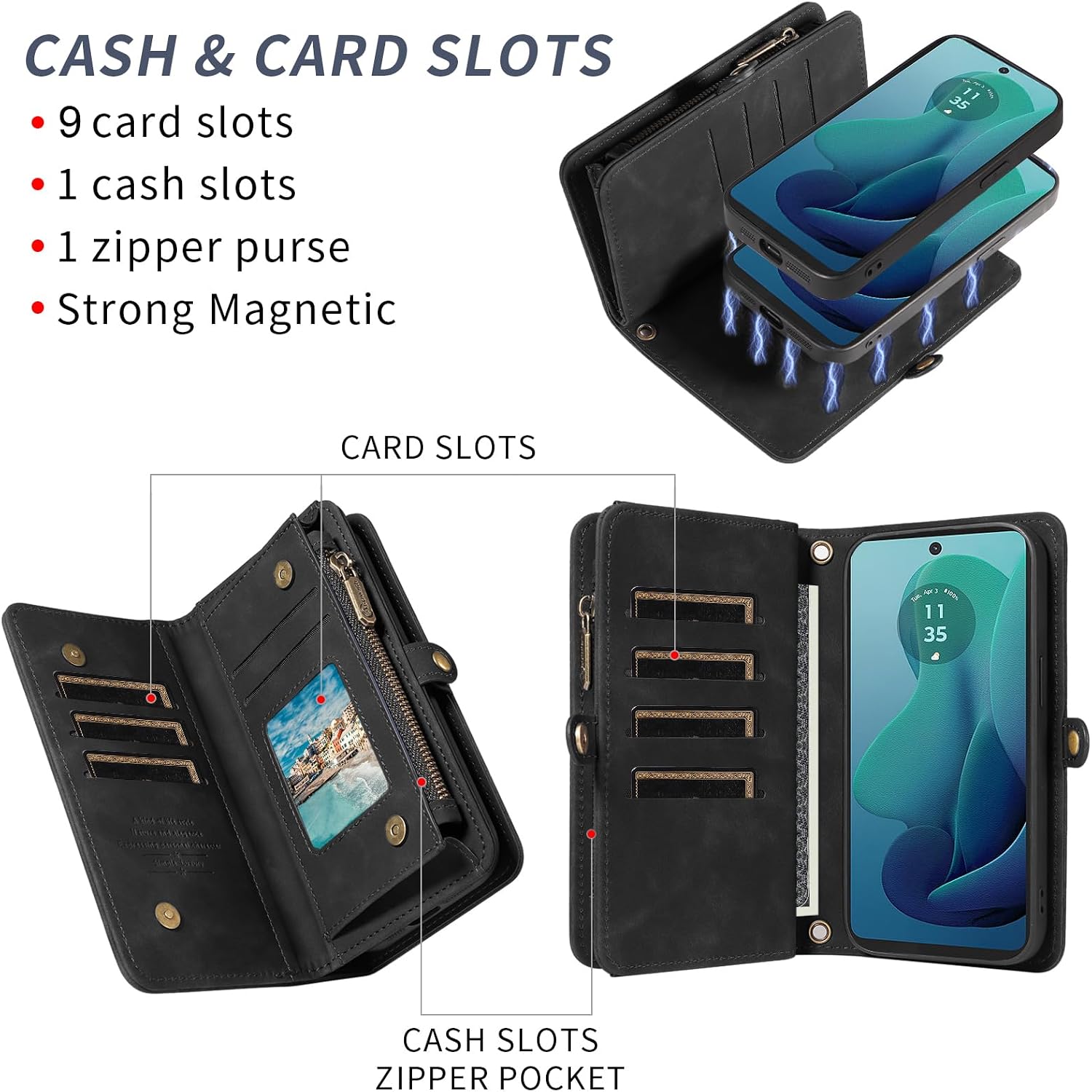 Asuwish Phone Case for Motorola Moto G 5G 2024 Zipper Wallet Detachable Cell Cover with Tempered Glass Screen Protector Crossbody Lanyard Strap Flip Card Holder Slot G5G 5 G G5 Women Men Girls Black