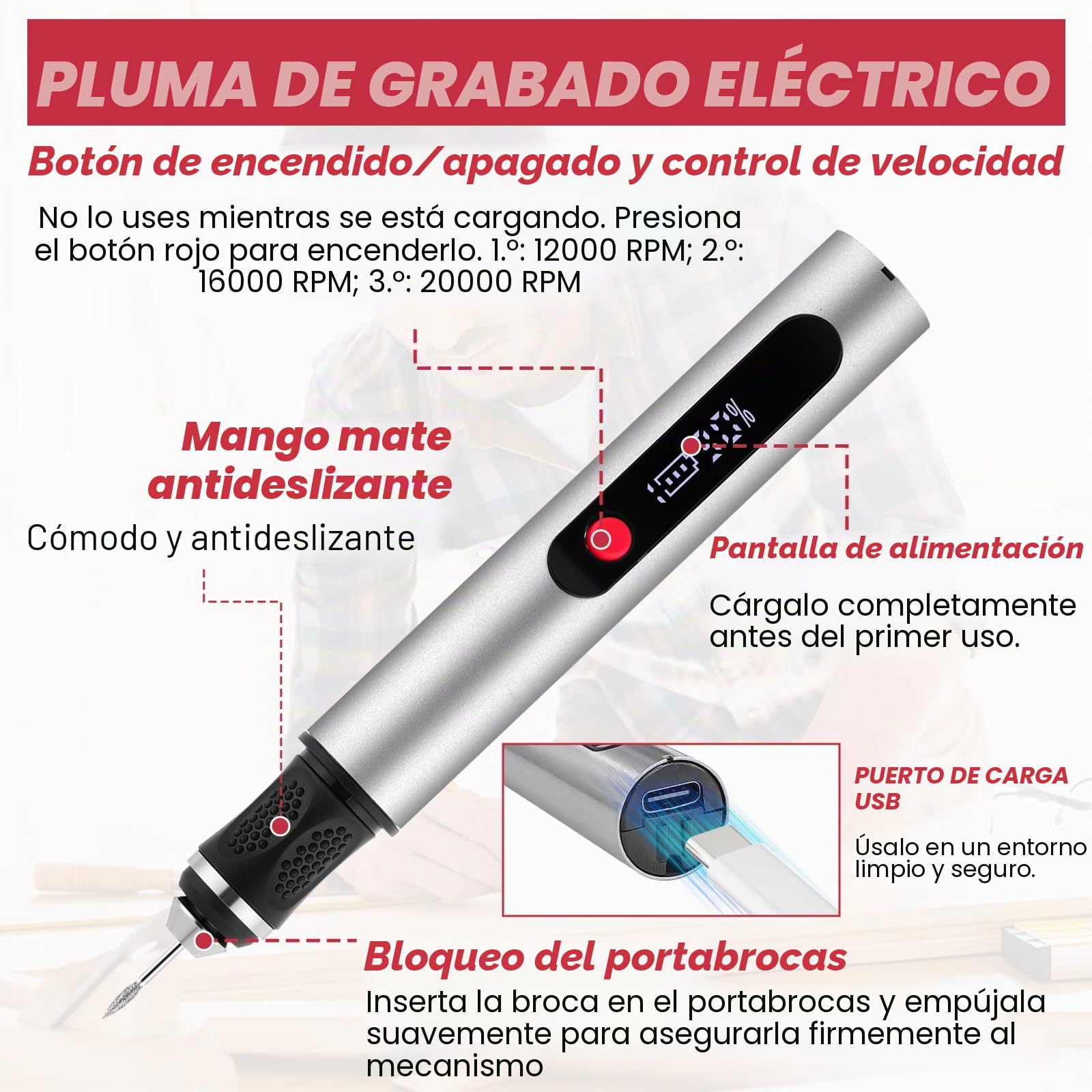 flintronic Grabado Pluma, Lápiz de Grabado Eléctrico, Pino de Grabado Eléctrico con 30Bit, Herramienta de Grabado Inalámbrica Portátil,Mini Bolígrafo Grabador Eléctric,USB Carga,Regulador 3 Velocidade