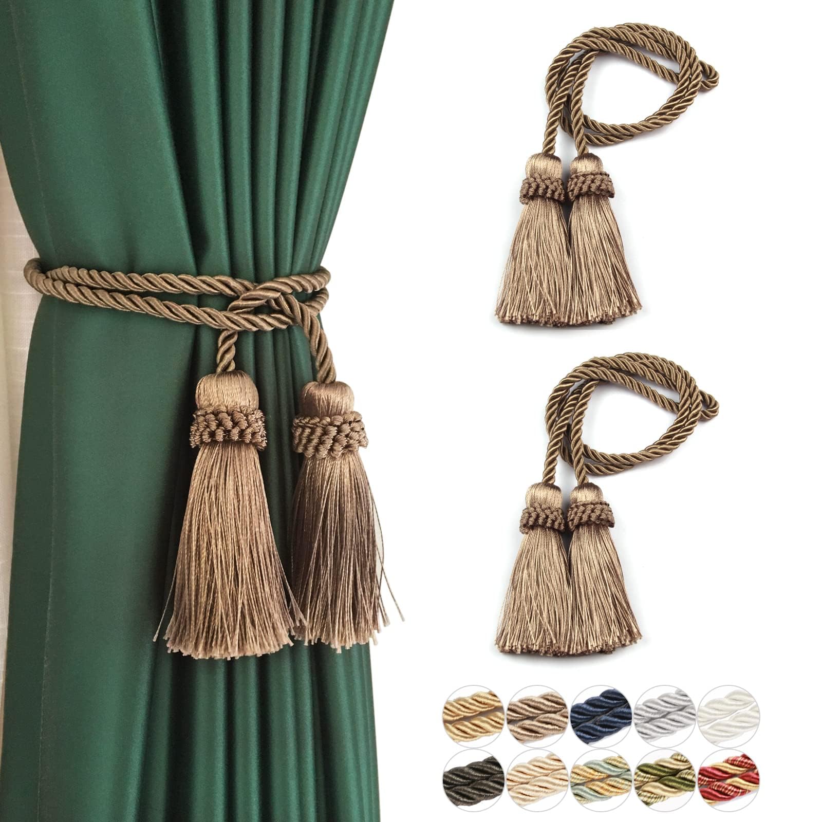 Fenghuangwu 2/4 Pack Curtain Tiebacks Handmade Decorative Curtain Holdbacks Rope with Tassel (Flaxen - 2P)