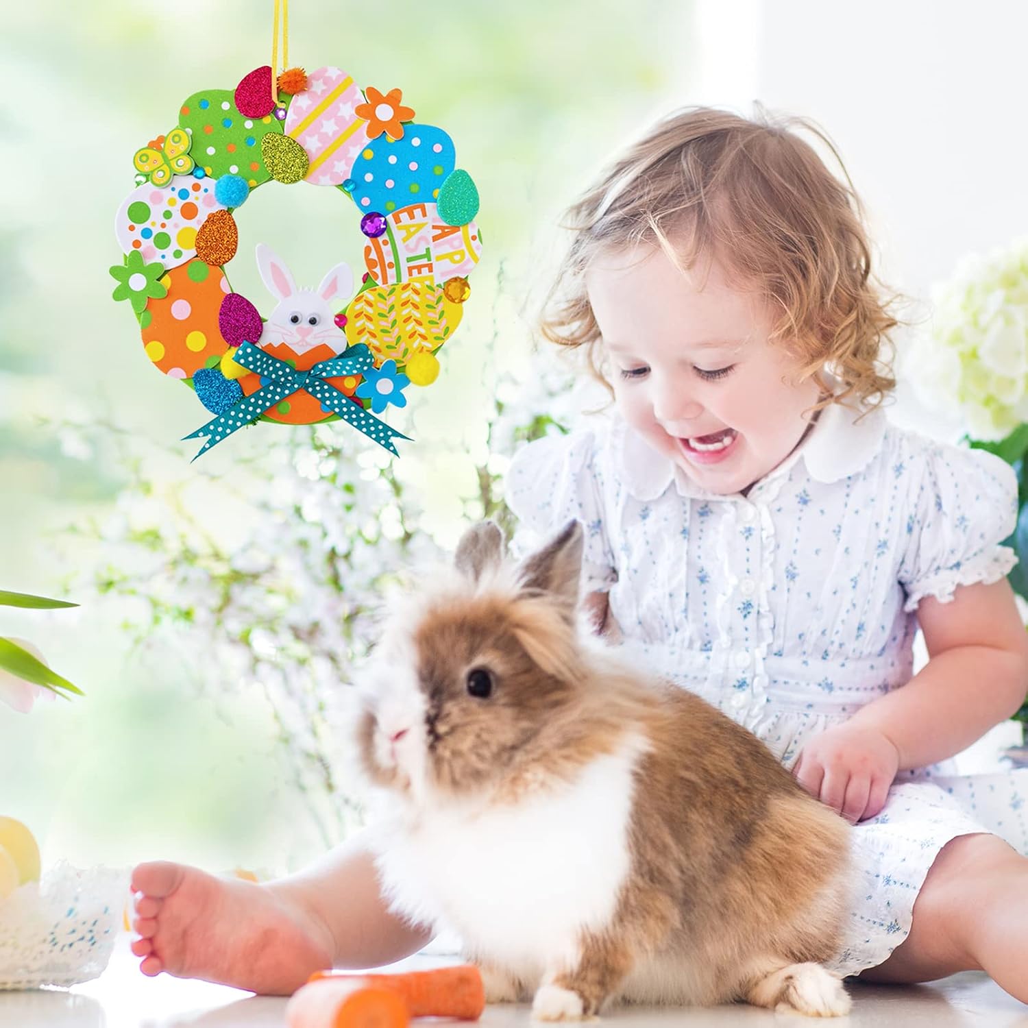 12 Sets Easter Wreath Decorations DIY Foam Easter Wreath Signs Craft Kits Easter Eggs Bunny Chick Foam Easter Stickers Pom-Poms Googly Eyes for Kids Party Favors Classroom Home Activity Art Project