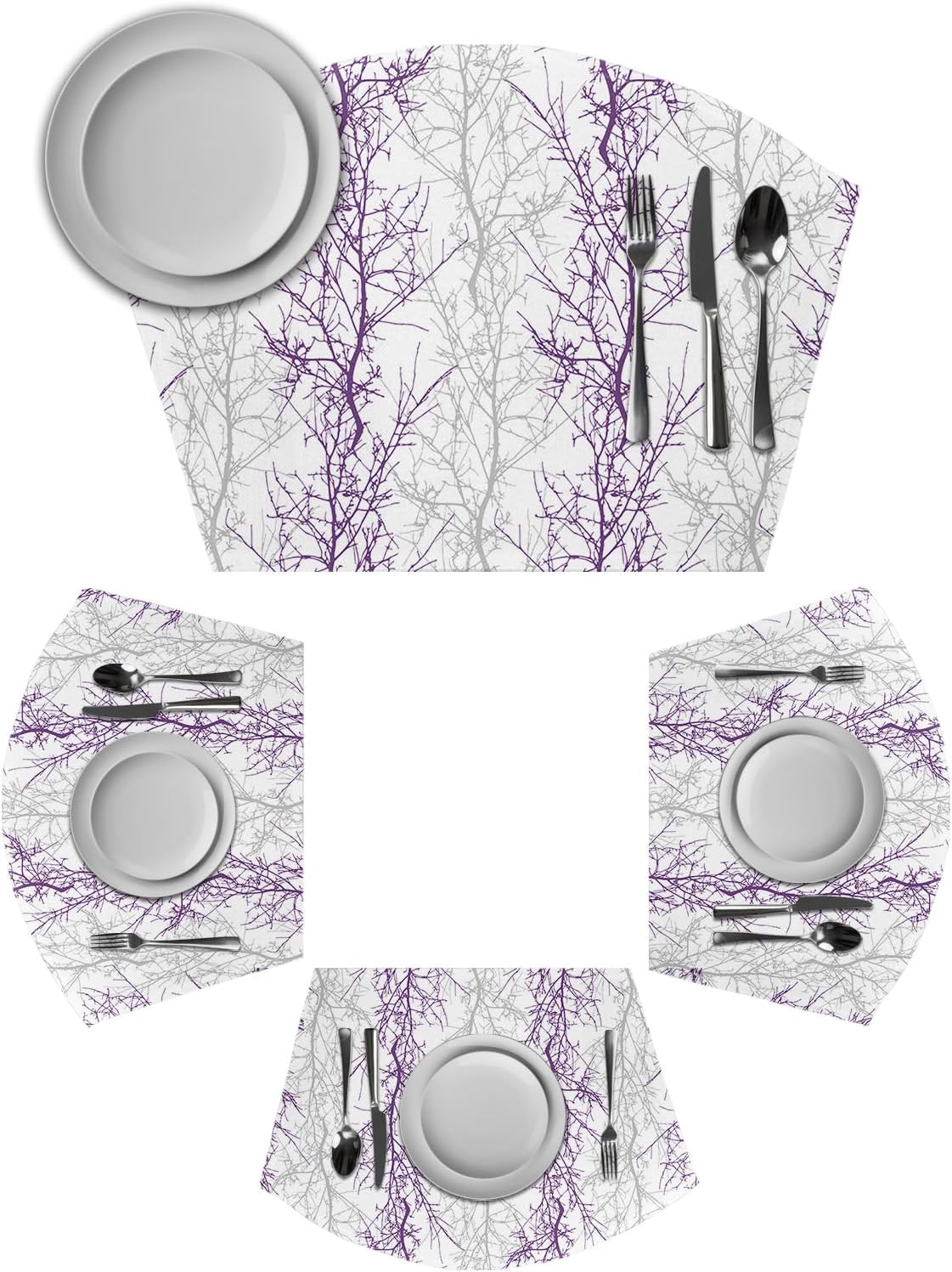 Round Table Placemats Set of 6 Purple Grey Tree Branch Wedge Shaped Placemats Non-Slip Heat Insulation Table Mats Durable Wipeable Placemats for Round Tables Party Decor