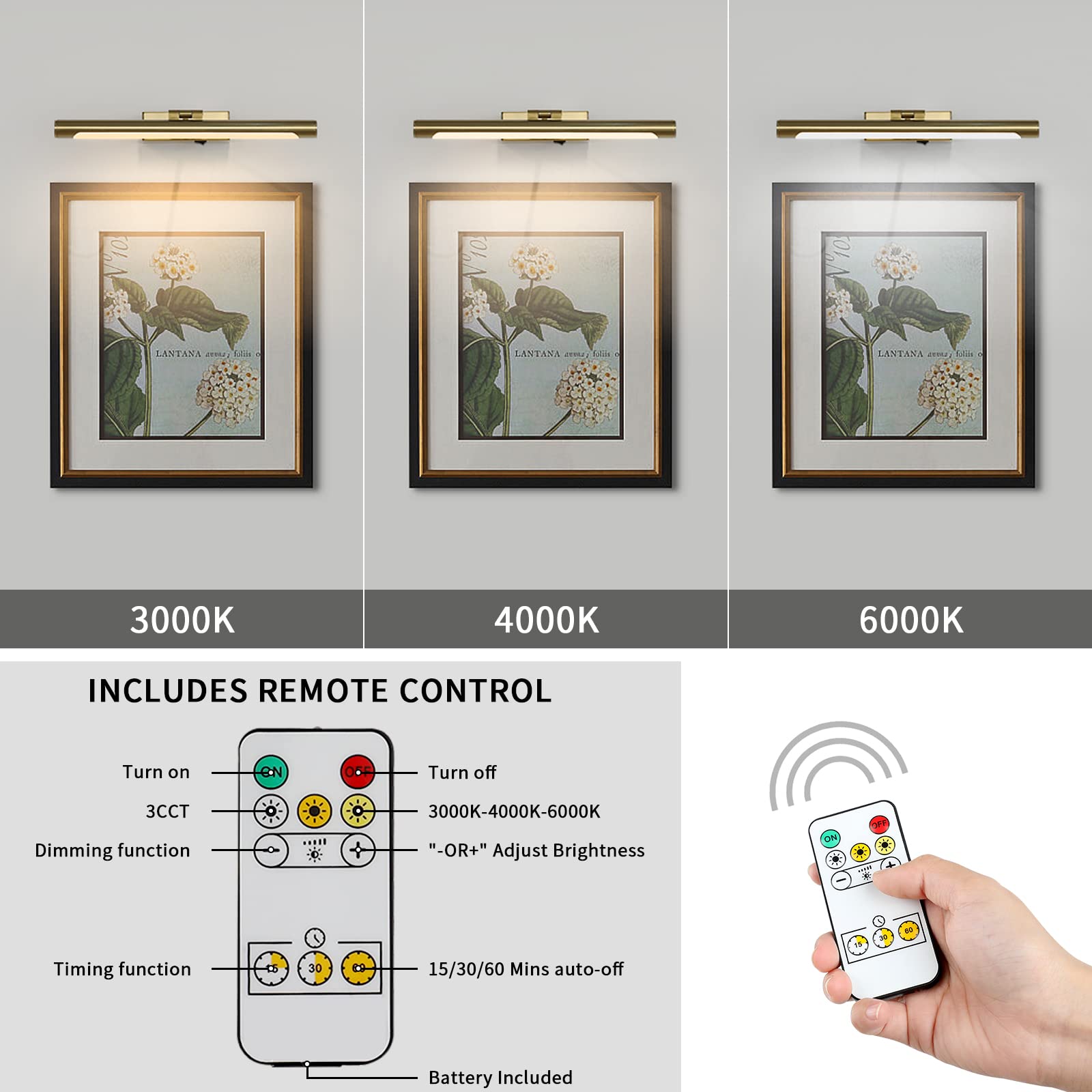 Joosenhouse Wireless Picture Light Battery Operated Rechargeable Picture Light 16.53in with Remote Control Dimmable and Timer Off Adjustable Swing Arm Brass LED Battery Spotlight for Picture Display