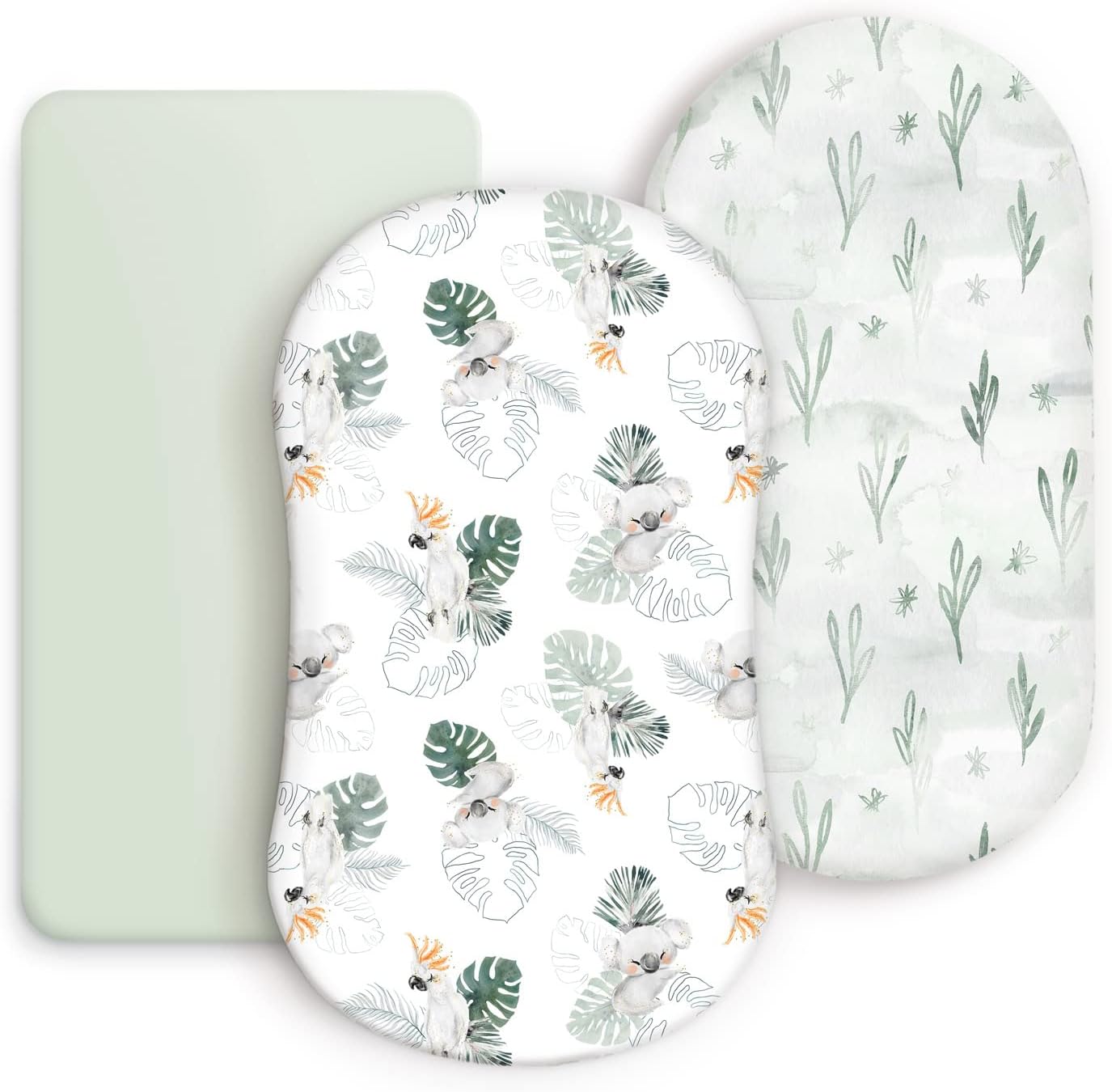 GRSSDER Stretch Ultra Soft Fitted Bassinet Sheets 3 Pack, Universal Fit for Bassinets Baby Cradle Moses Basket Oval Rectangle Mattress Safe and Snug, Stylish Watercolor Animals for Baby, Mint Green