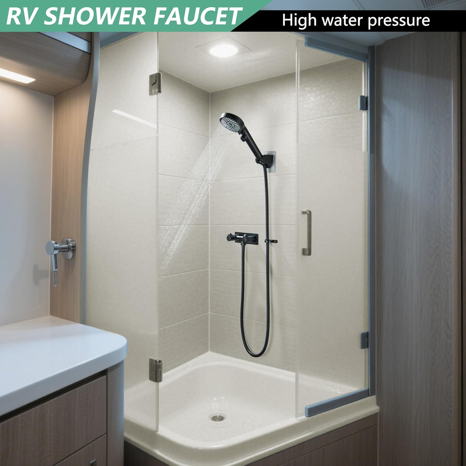 RV Shower Faucet, Matte Black Metal Camper Shower Faucet with Hose and Shower 4" RV Outside for Travel Trailer, Camper, Motorhome