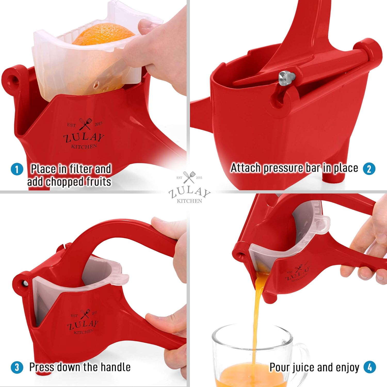 Zulay Fruit Manual Juicer- Heavy Duty Juice Press Squeezer with Detachable Lever & Removable Strainer - Fruit Press & Hand Juicer For Pomegranates, Lemons, Oranges, and More (Red): Home & Kitchen