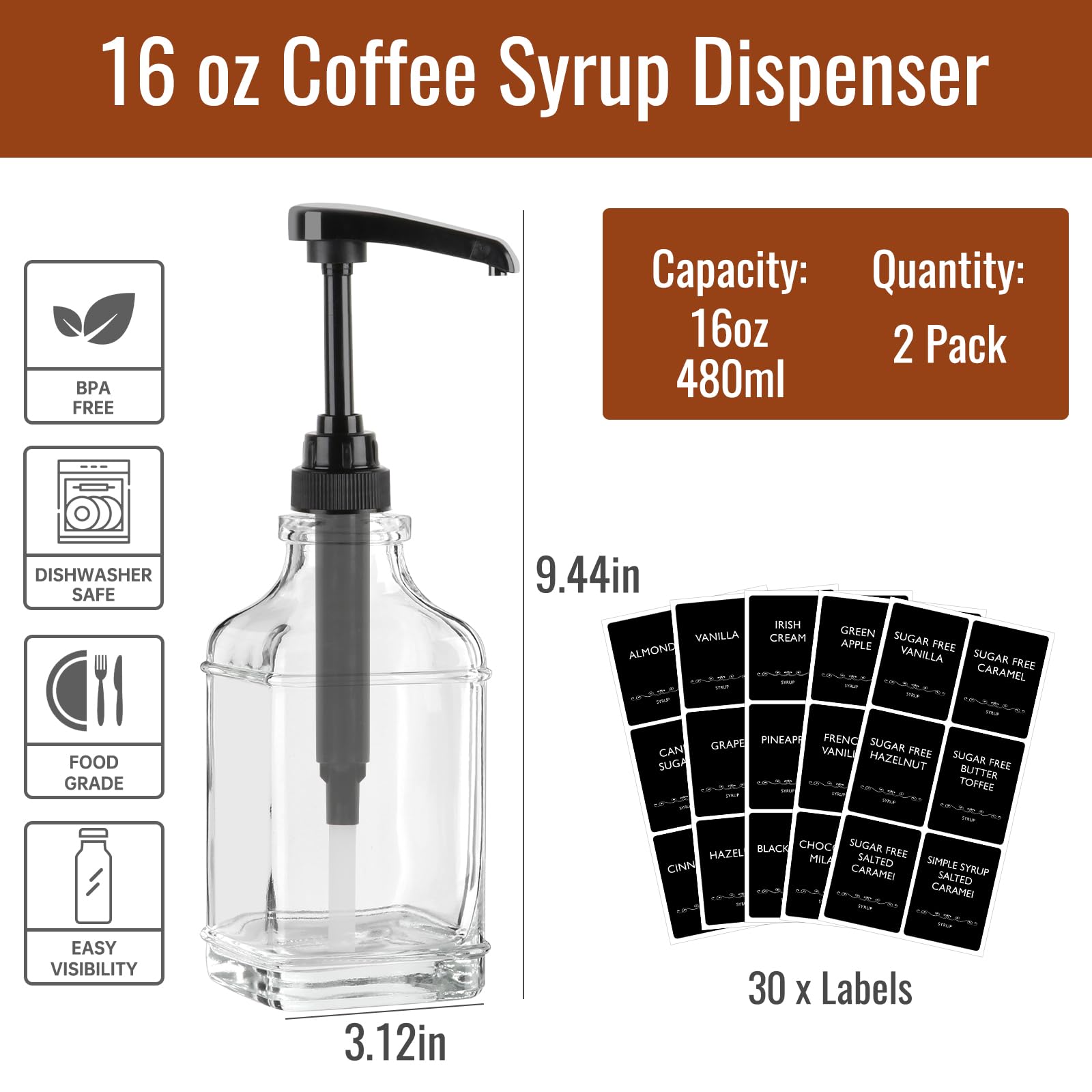 STARSIDE Dispensador de jarabe de café de 16 onzas, 2 botellas de jarabe de vidrio transparente con bomba de capacidad de 1/4 onzas, dispensador de jarabe para barra de café con bomba de plástico y